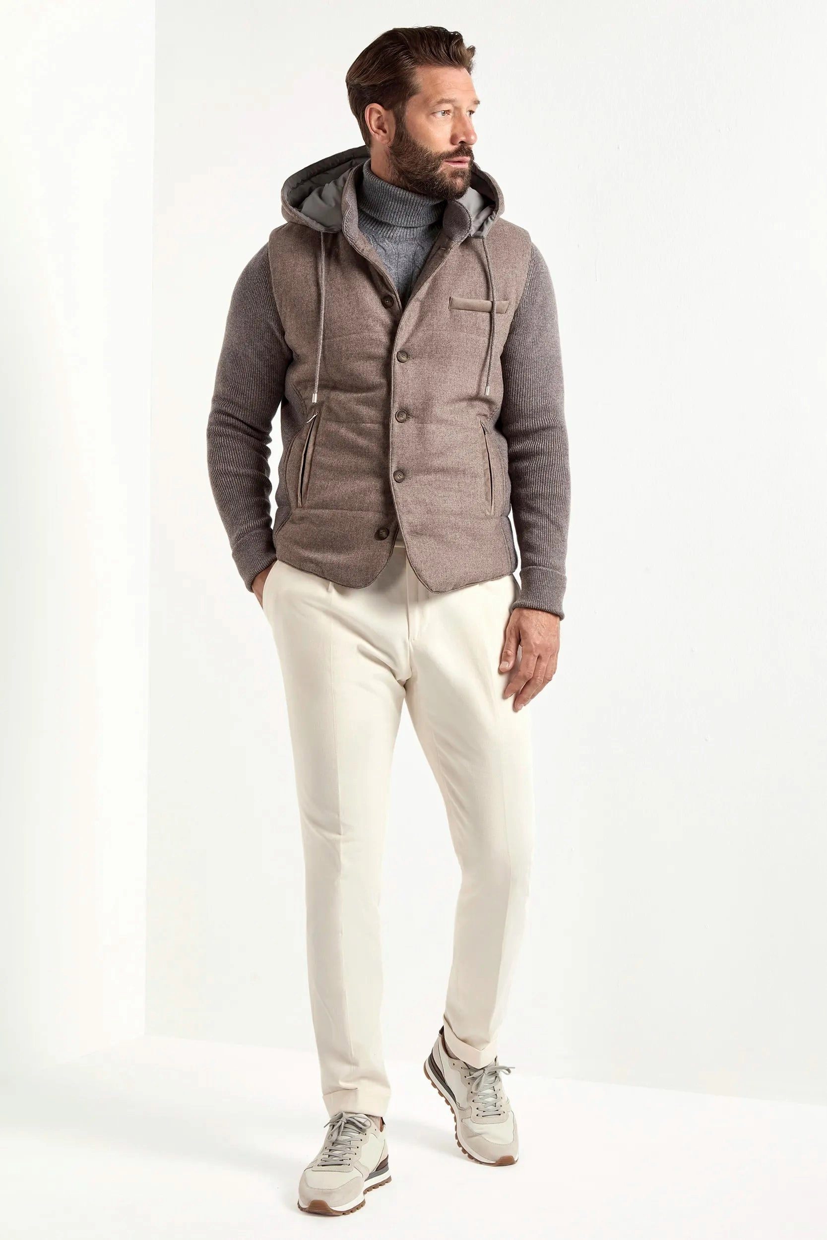 Hooded style Eco Certified Textile Taupe flannel and knit hooded jacket - Made in Italy