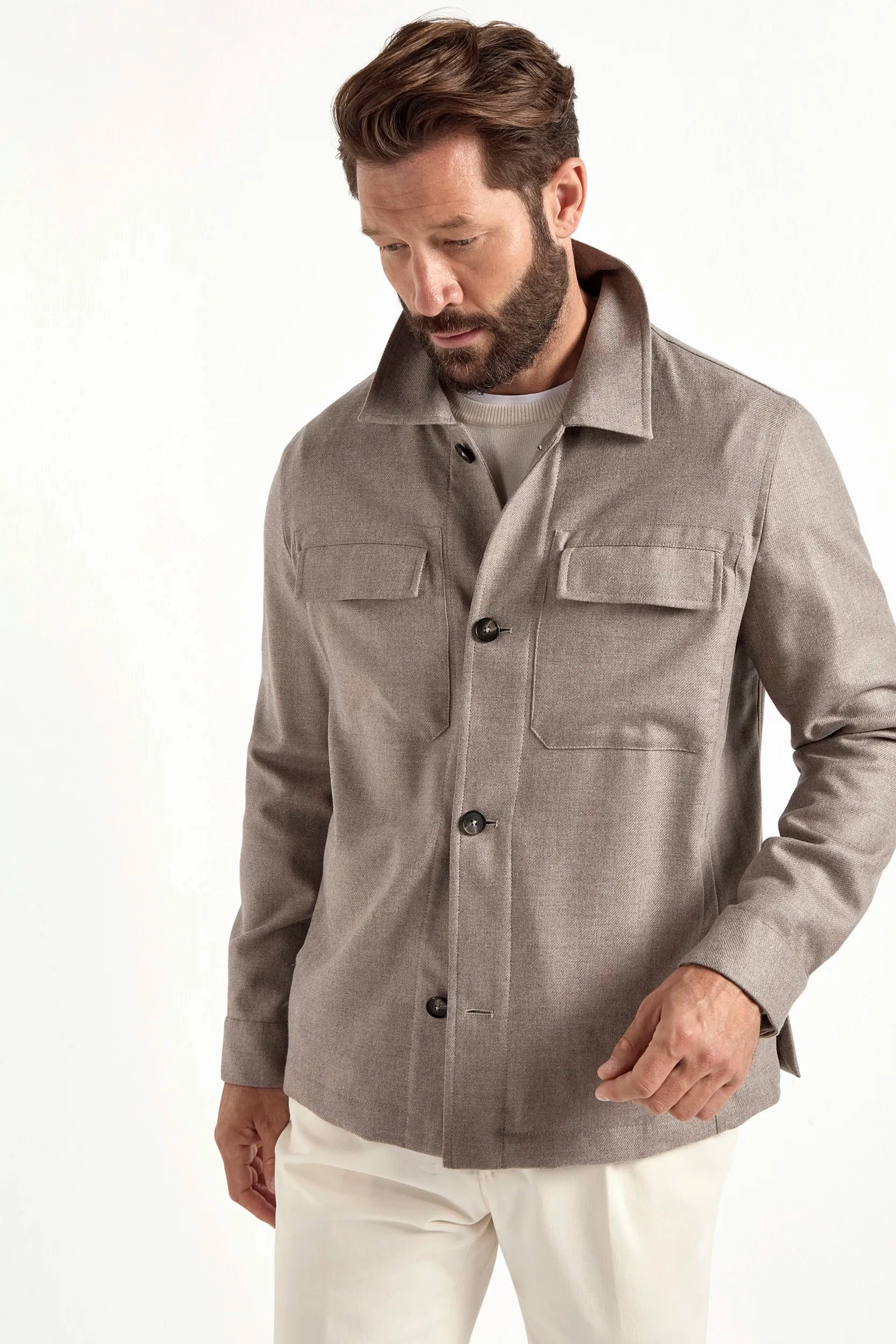 Anti Slip Shoulder Breathable Technology Taupe wool and cashmere shirt jacket  - Made in Italy