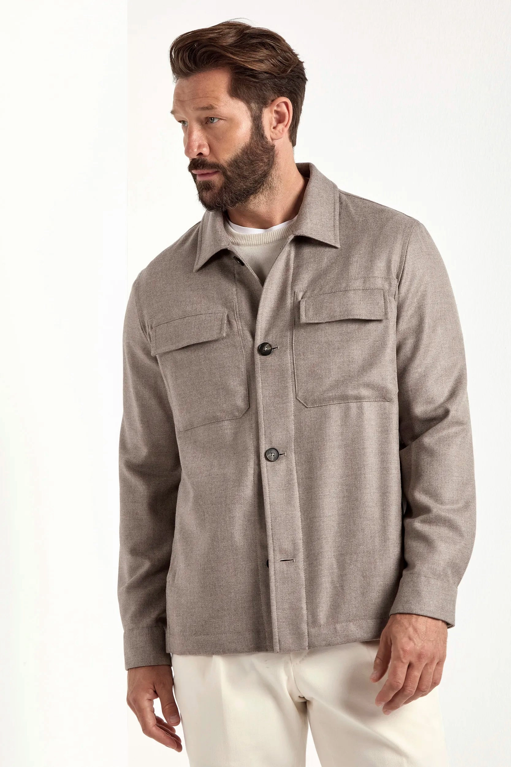 Mark Style Smooth Zipper Action Taupe wool and cashmere shirt jacket  - Made in Italy