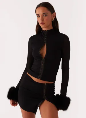 MultiPocketDesign HighStrength Threadwork Tayanna Fur Trim Long Sleeve Top - Black
