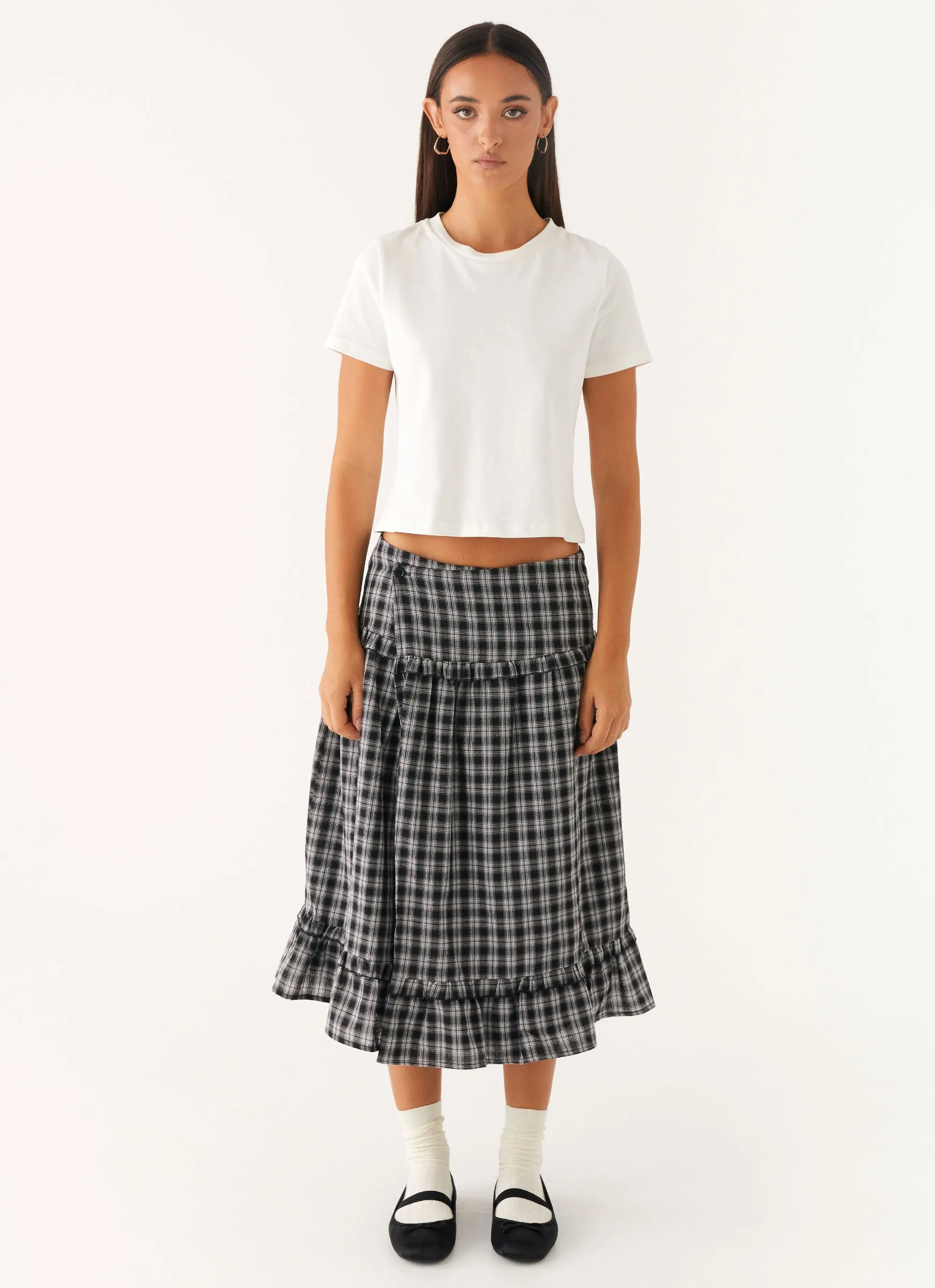 Laura Midi Skirt - White Black Check A Line Silhouette