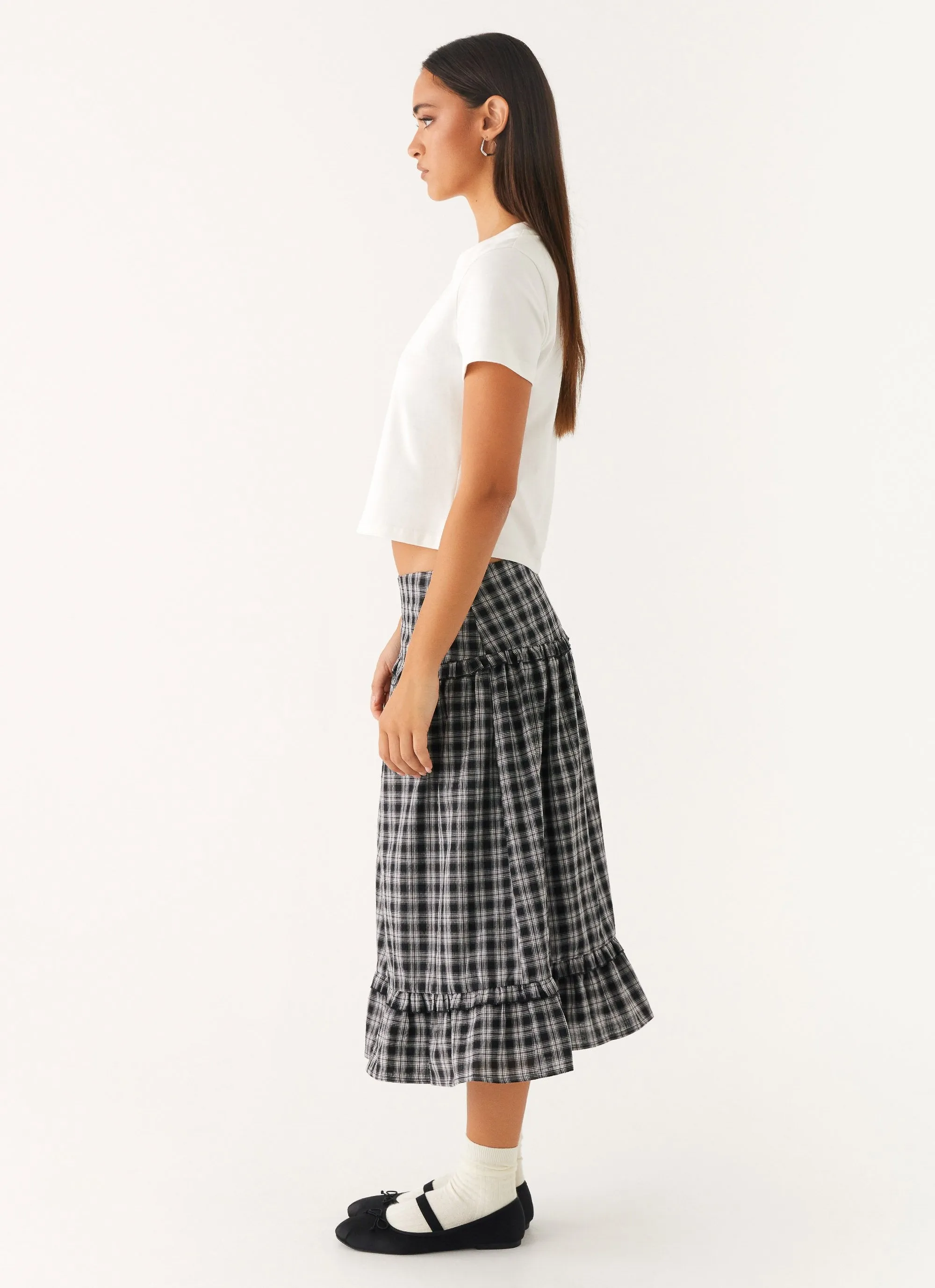 Laura Midi Skirt - White Black Check Hidden Zipper