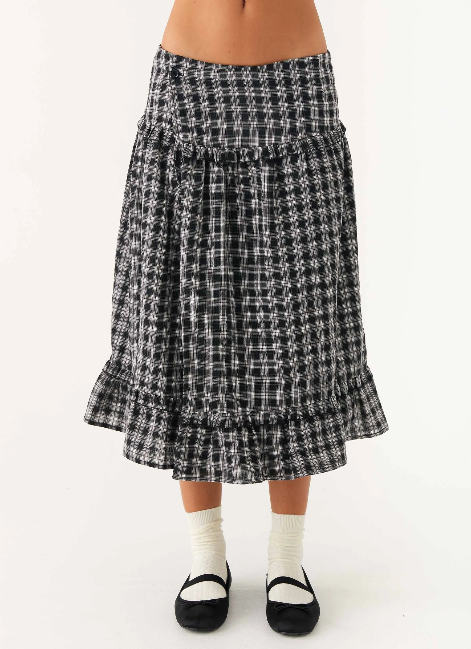 Laura Midi Skirt - White Black Check Crochet Style Non Restrictive Fit