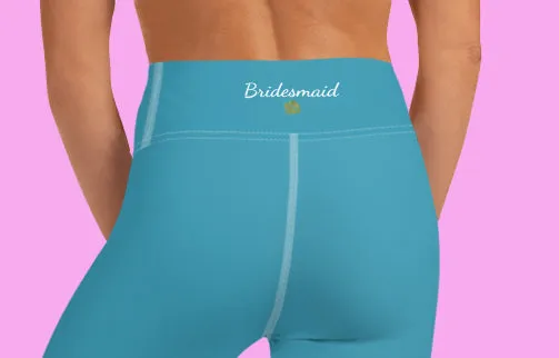 Teal Blue Bridesmaid Tights, Best Solid Color Bridesmaid Premium Yoga Capri Leggings-Made in USA