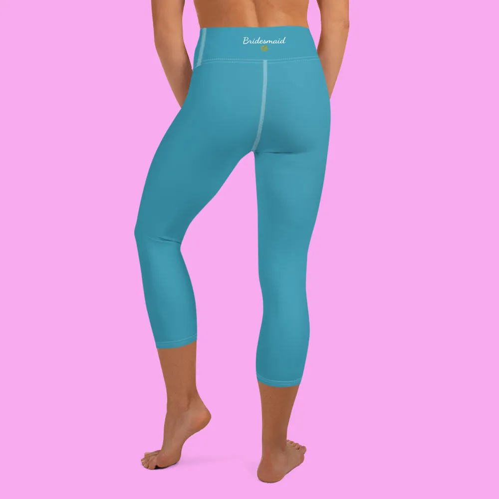 Teal Blue Bridesmaid Tights, Best Solid Color Bridesmaid Premium Yoga Capri Leggings-Made in USA