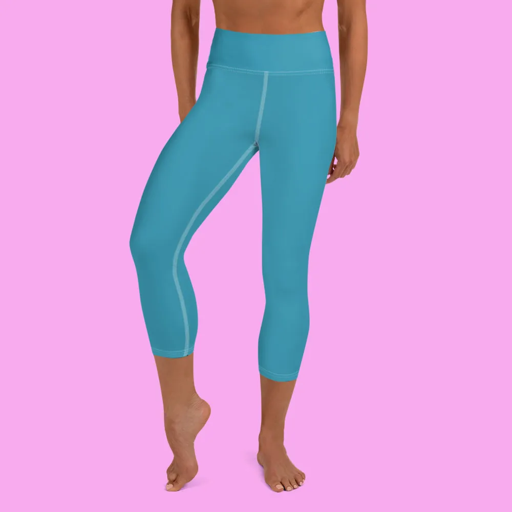 Teal Blue Bridesmaid Tights, Best Solid Color Bridesmaid Premium Yoga Capri Leggings-Made in USA