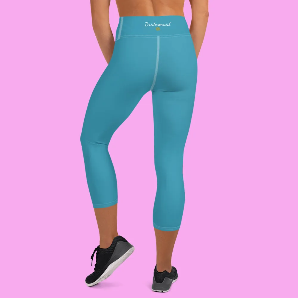 Teal Blue Bridesmaid Tights, Best Solid Color Bridesmaid Premium Yoga Capri Leggings-Made in USA