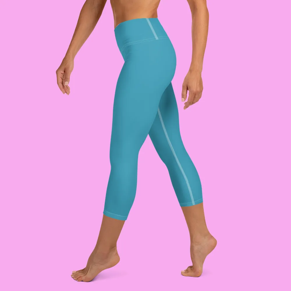 Teal Blue Bridesmaid Tights, Best Solid Color Bridesmaid Premium Yoga Capri Leggings-Made in USA