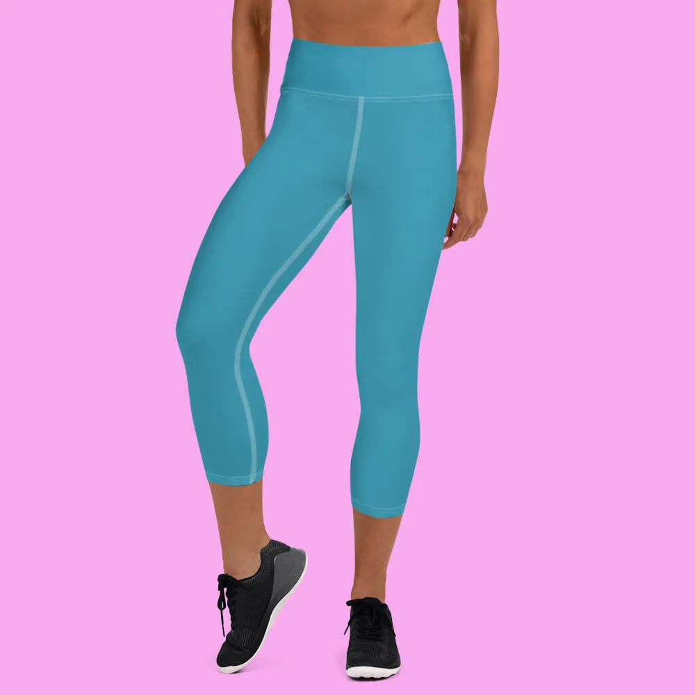 Teal Blue Bridesmaid Tights, Best Solid Color Bridesmaid Premium Yoga Capri Leggings-Made in USA