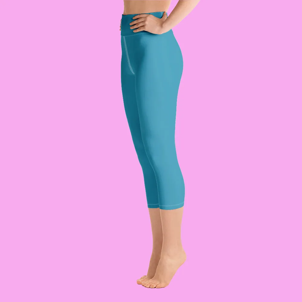 Teal Blue Bridesmaid Tights, Best Solid Color Bridesmaid Premium Yoga Capri Leggings-Made in USA