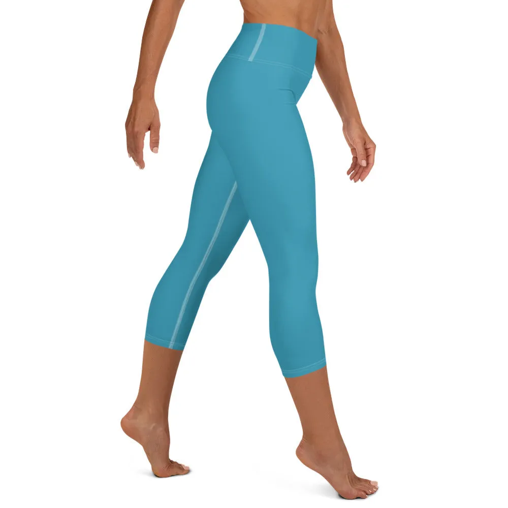 Teal Blue Bridesmaid Tights, Best Solid Color Bridesmaid Premium Yoga Capri Leggings-Made in USA