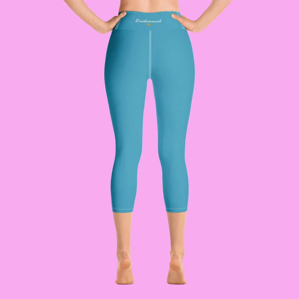 Teal Blue Bridesmaid Tights, Best Solid Color Bridesmaid Premium Yoga Capri Leggings-Made in USA