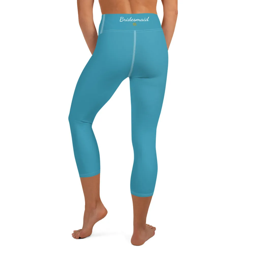 Teal Blue Bridesmaid Tights, Best Solid Color Bridesmaid Premium Yoga Capri Leggings-Made in USA