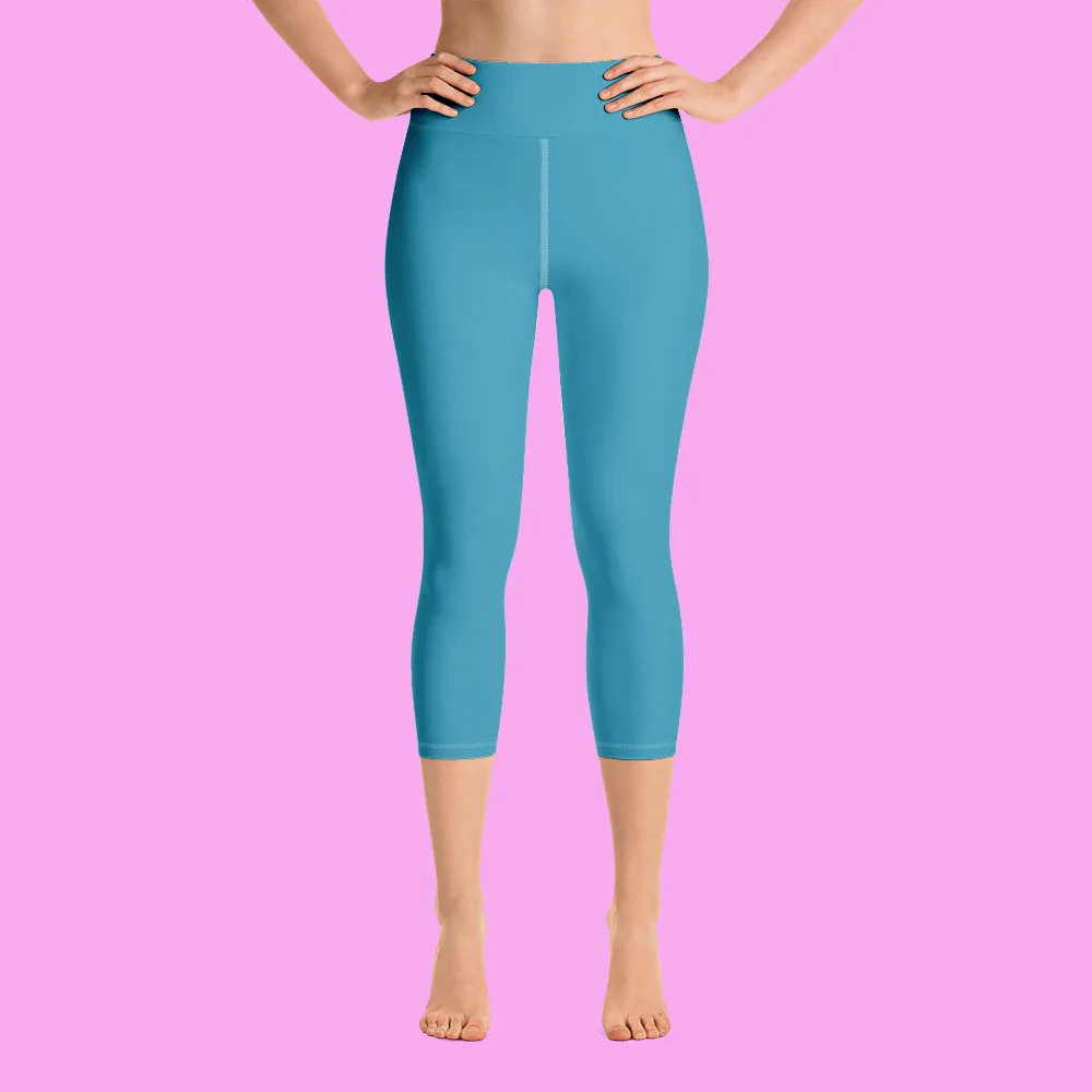Teal Blue Bridesmaid Tights, Best Solid Color Bridesmaid Premium Yoga Capri Leggings-Made in USA