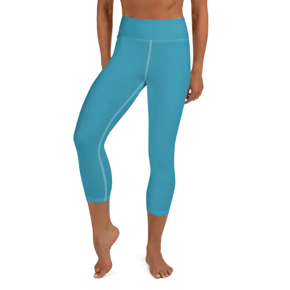 Teal Blue Bridesmaid Tights, Best Solid Color Bridesmaid Premium Yoga Capri Leggings-Made in USA