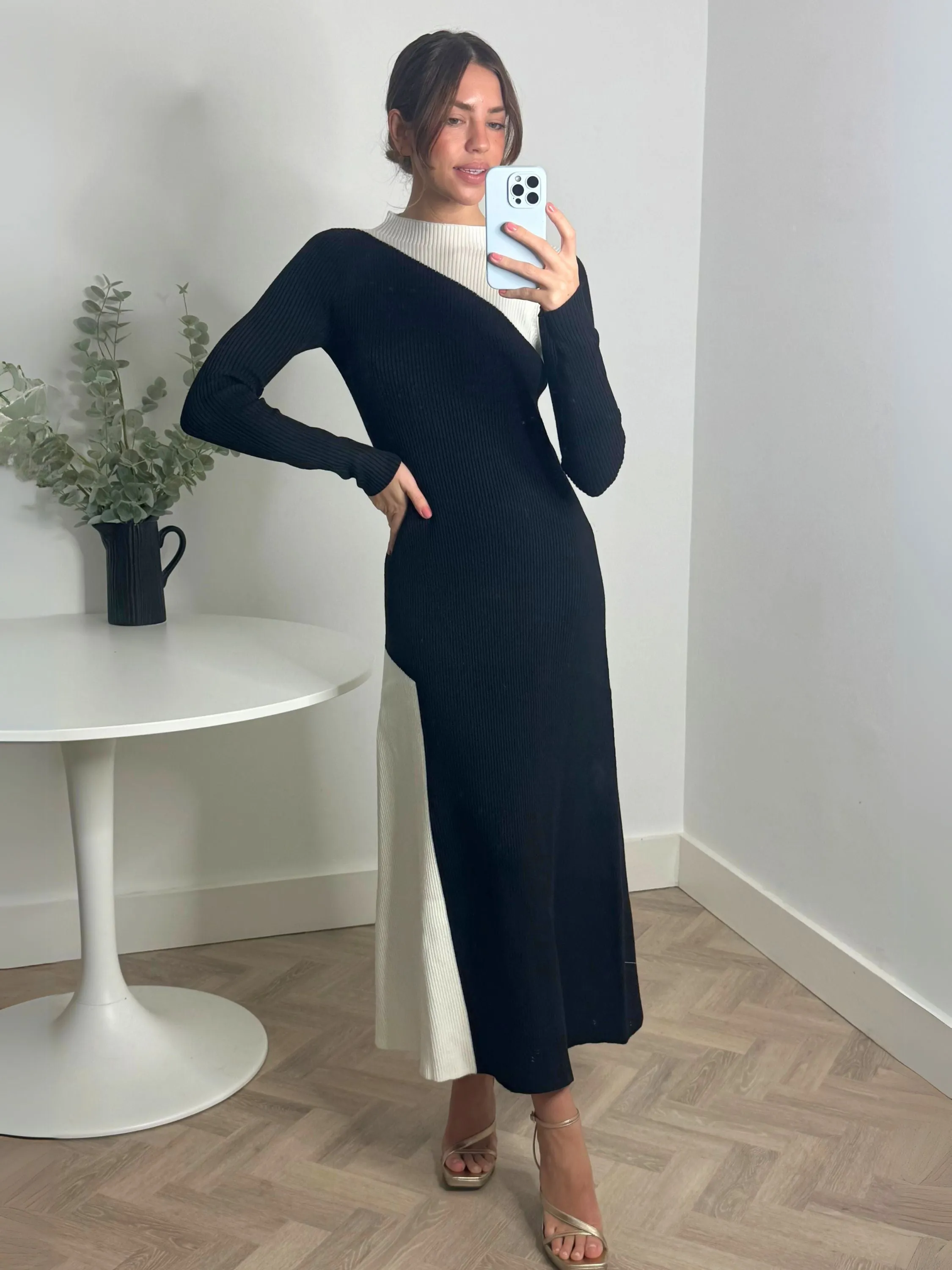 Polite Tone Edita Knitted Colourblock Dress in Mono