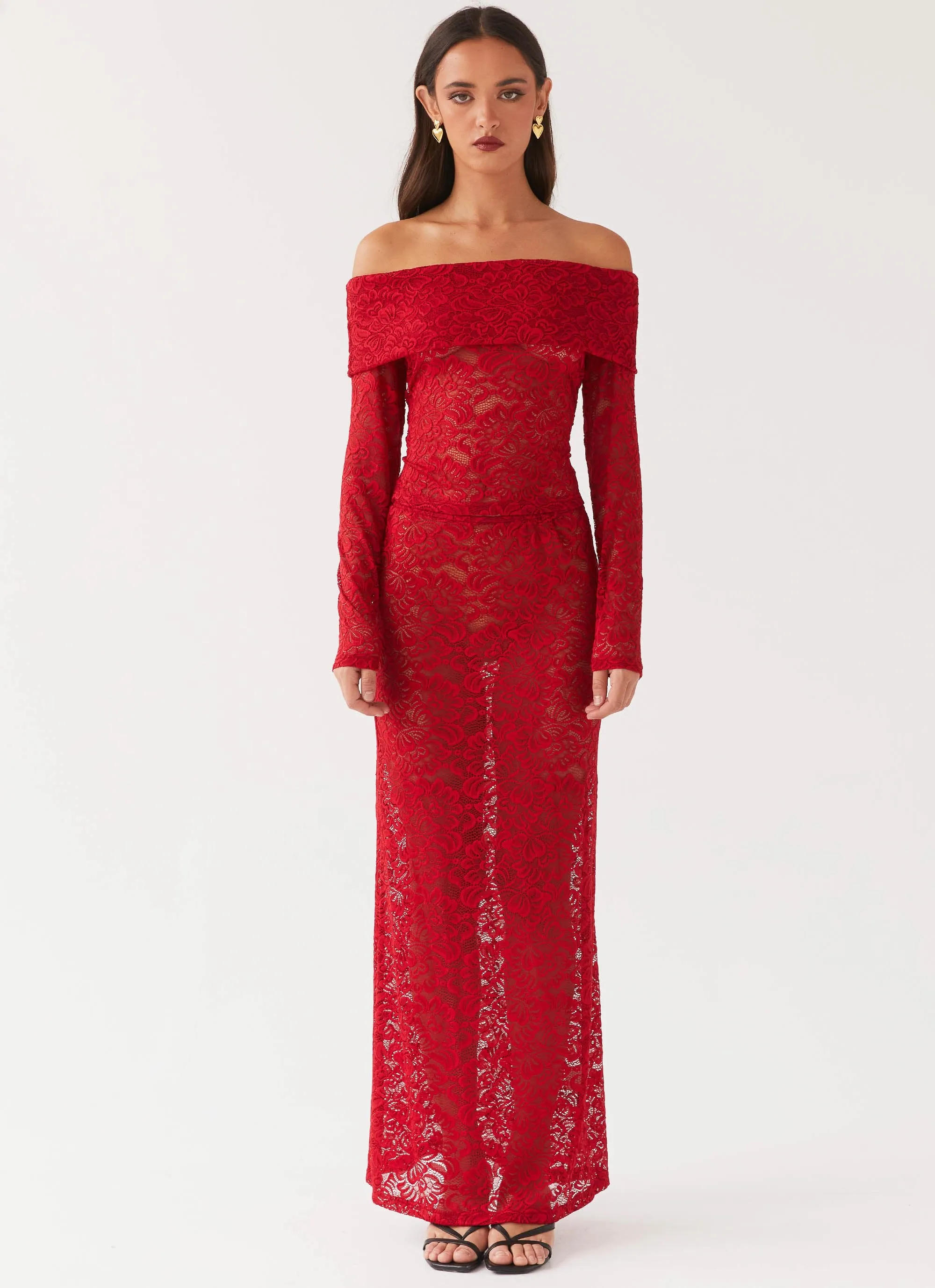 Jewel Tones Smooth Finish Zephyra Lace Maxi Skirt - Red