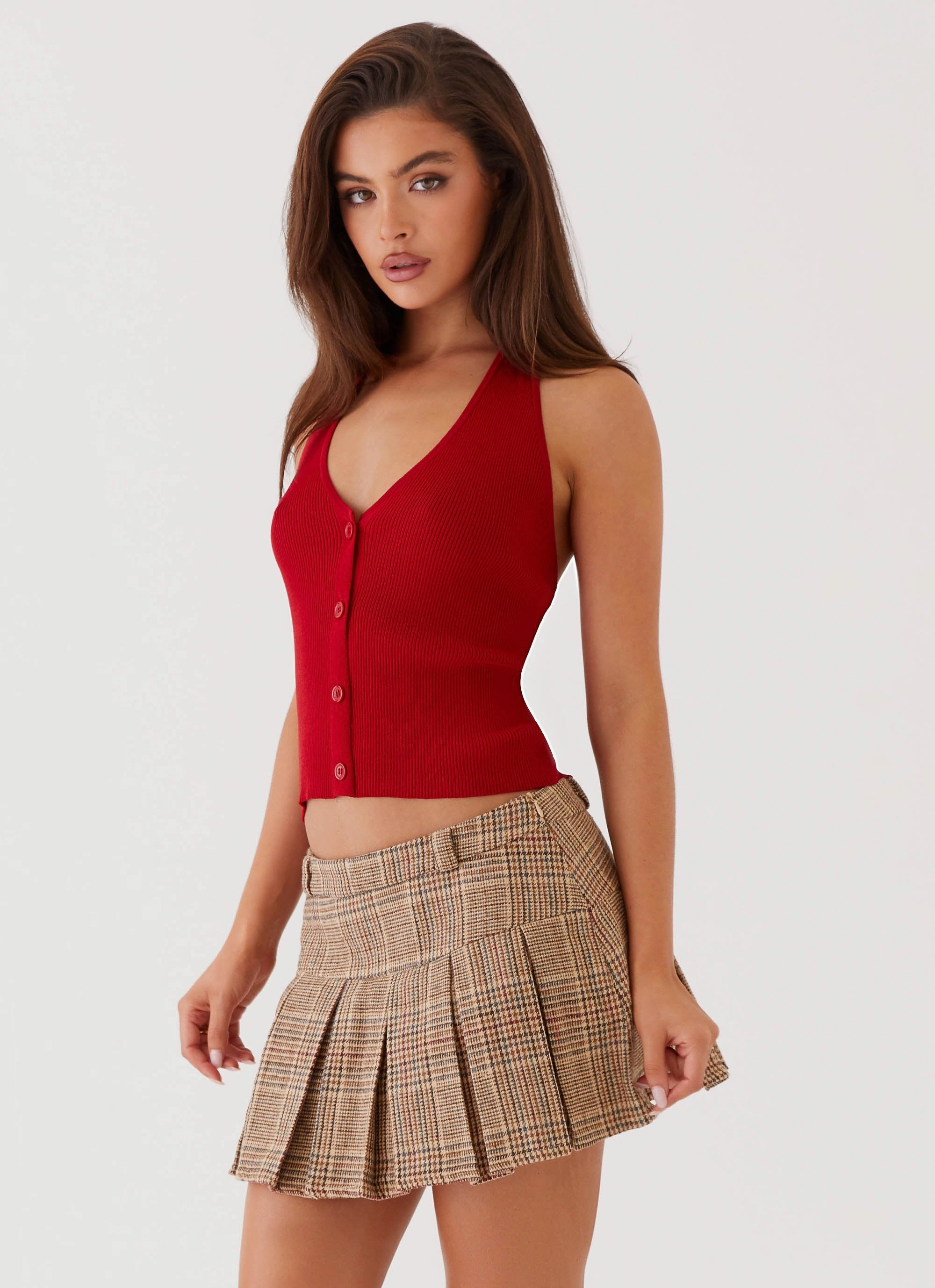 Bettie Knit Halter Top - Red OdorControl Contrast Stitch Detailing
