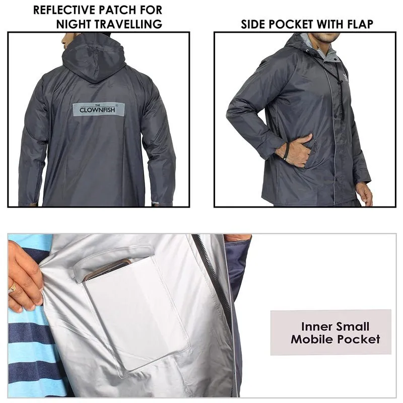 THE CLOWNFISH Men Rain Coat - Reversible, Waterproof with Hood | Reflective Safety Stripes | 3XL | Prime Grey