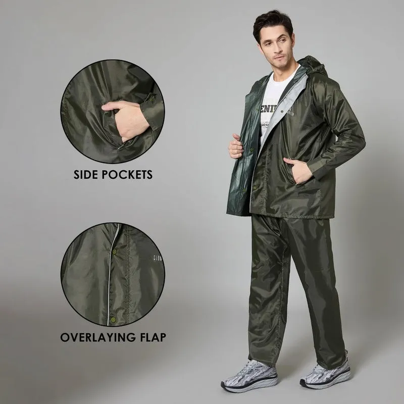 THE CLOWNFISH Men Rain Coat - Waterproof, Reversible Design | Includes Pants | Mehendi | Size: XXL