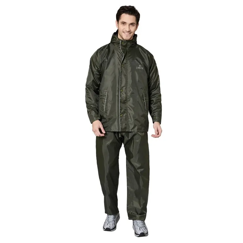 THE CLOWNFISH Men Rain Coat - Waterproof, Reversible Design | Includes Pants | Mehendi | Size: XXL