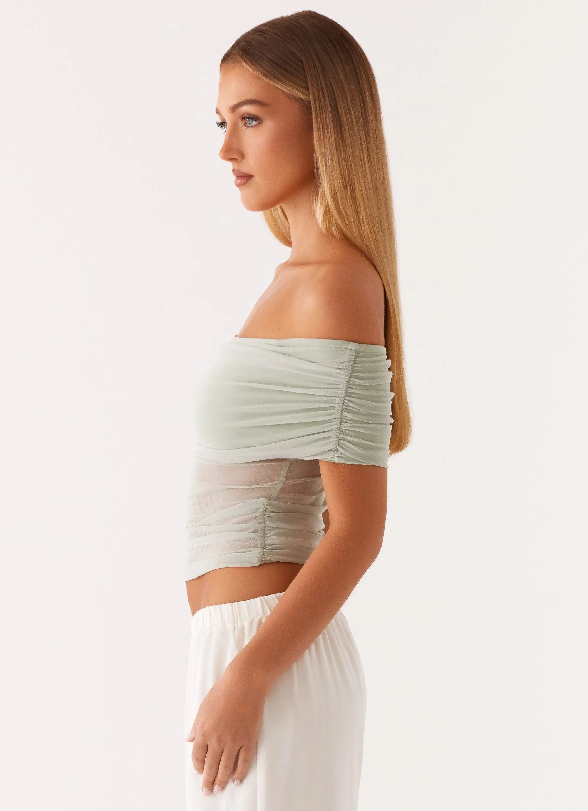 Nelly Off Shoulder Top - Pistachio All Weather Performance Fabric