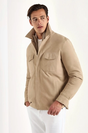 Eco Friendly Coating Erasable Stains Treatment Taupe suede shirt jacket - Made in Italy
