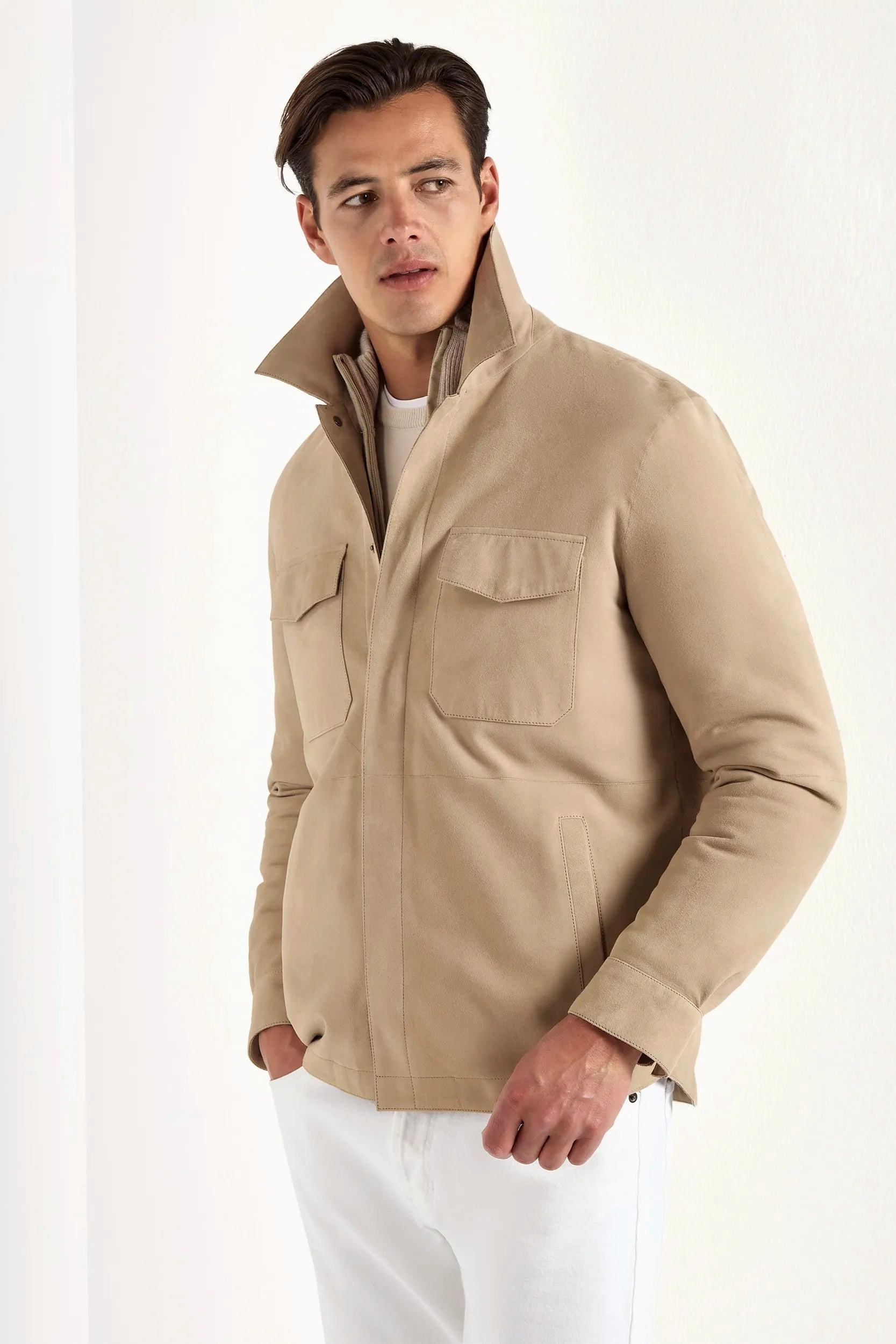 Eco Friendly Coating Erasable Stains Treatment Taupe suede shirt jacket - Made in Italy