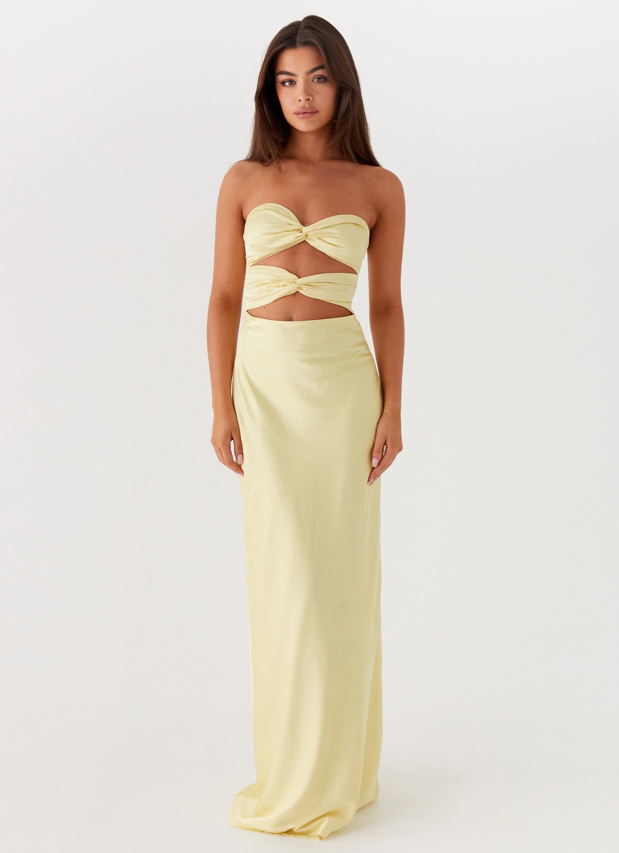Tianna Strapless Maxi Dress - Yellow Light Sheen Daytime Look
