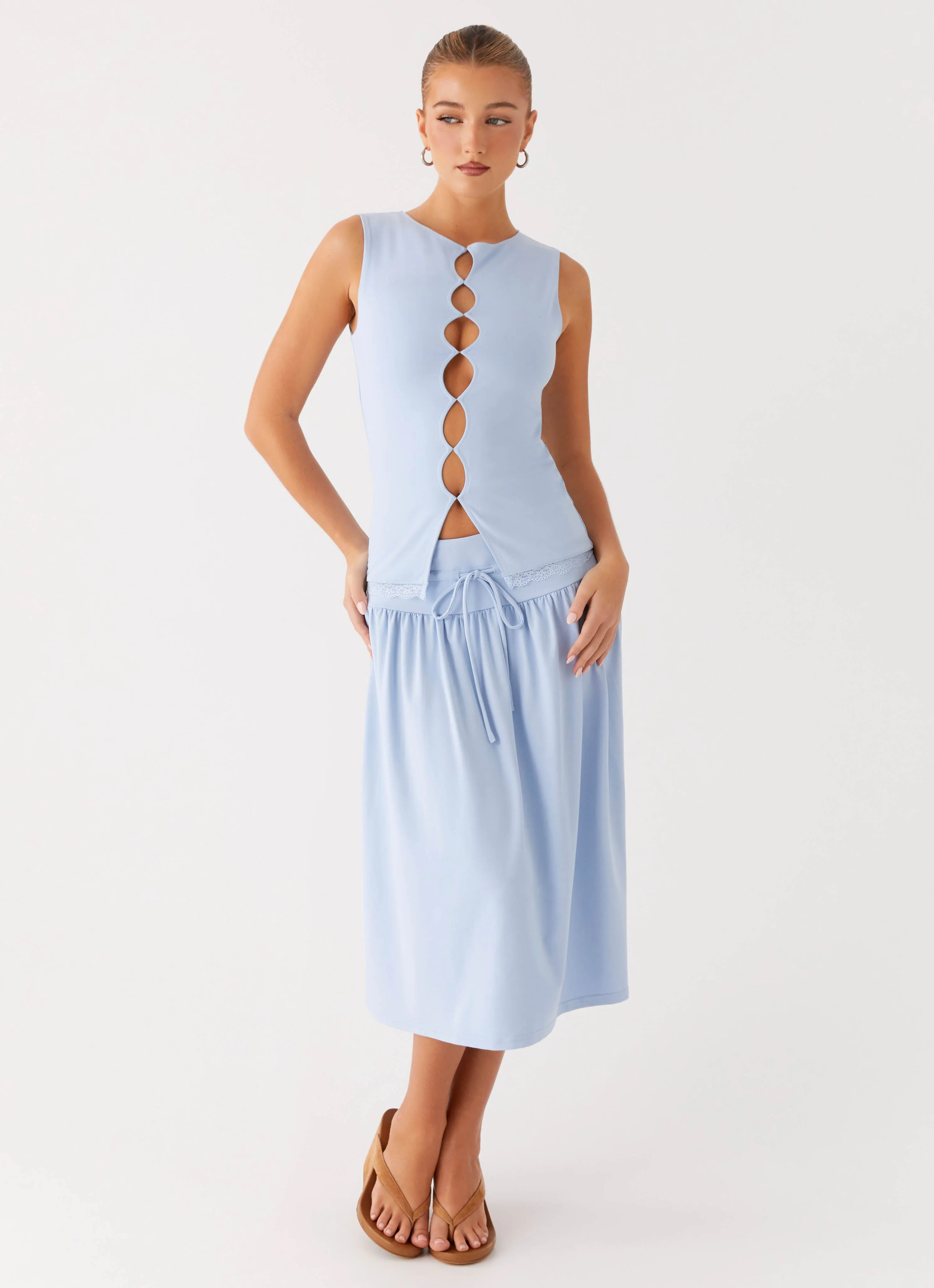 Detachable Tie Silver Tides Midi Skirt - Blue
