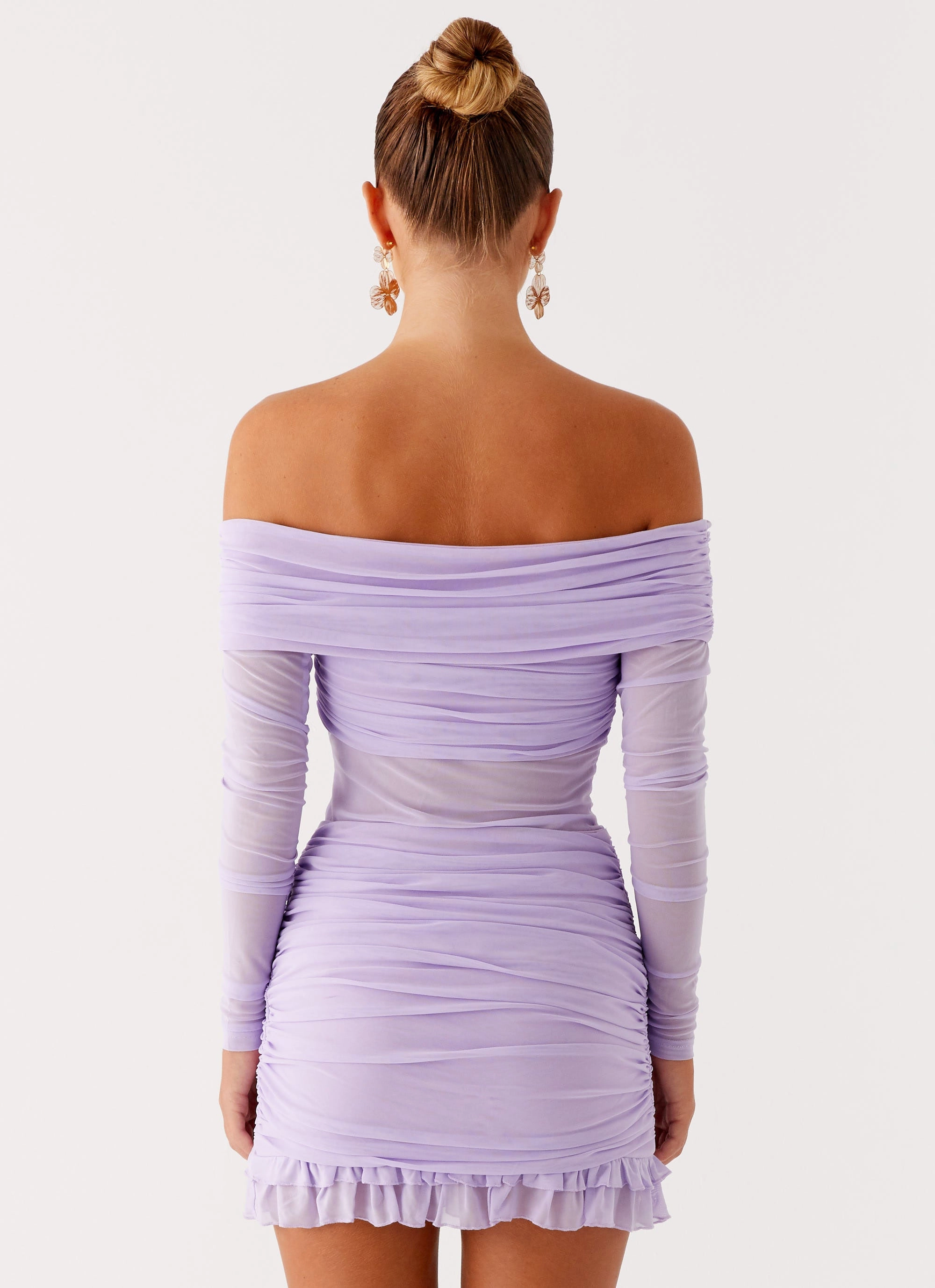 Romantic-Detail High-Low-Hem Tiff Long Sleeve Mini Dress - Lilac