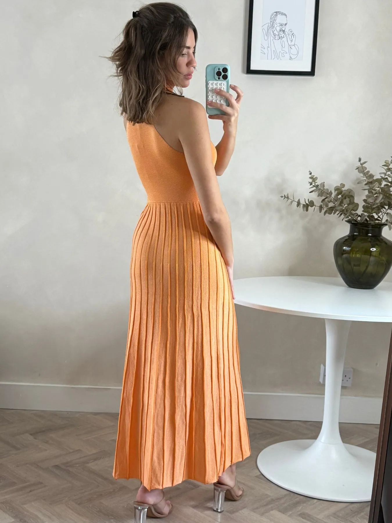High Neck Pleated Maxi Dress in Orange Shimmer Lace-Sleeve