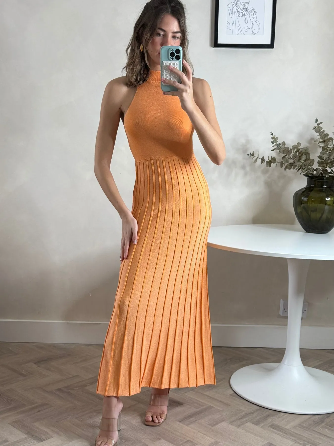 Charming Fit High Neck Pleated Maxi Dress in Orange Shimmer