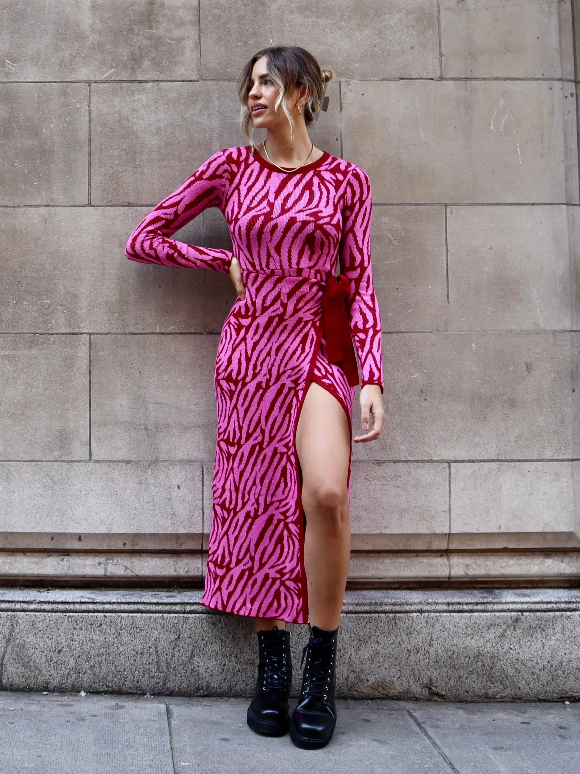 AS SEEN ON LORRAINE! Renee Zebra Jacquard Knitted Midaxi Dress / Pink Comfy Wear
