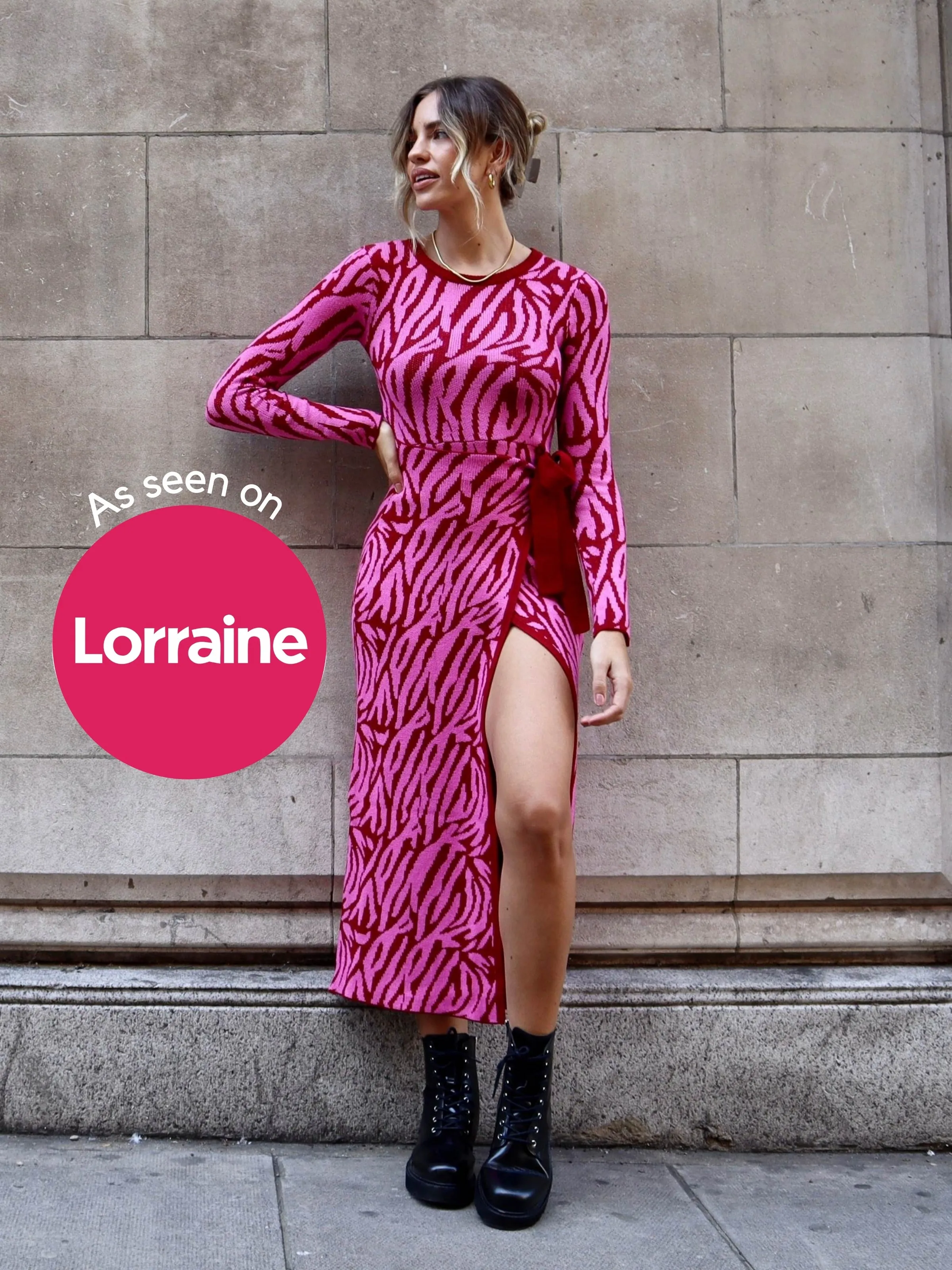 High low hem Breathable Wearable AS SEEN ON LORRAINE! Renee Zebra Jacquard Knitted Midaxi Dress / Pink