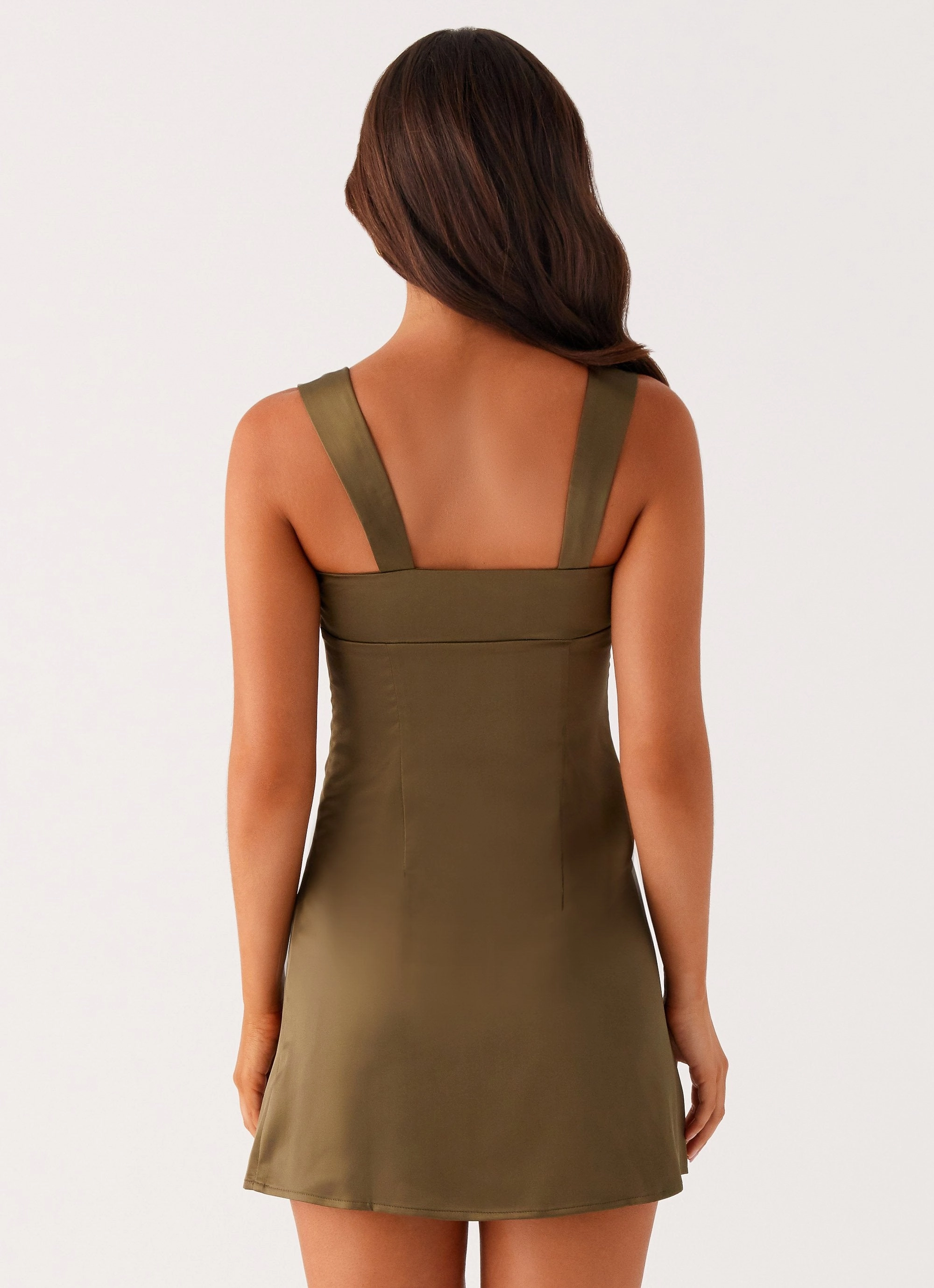 Odette Satin Mini Dress - Khaki Form Flow Flattering Design