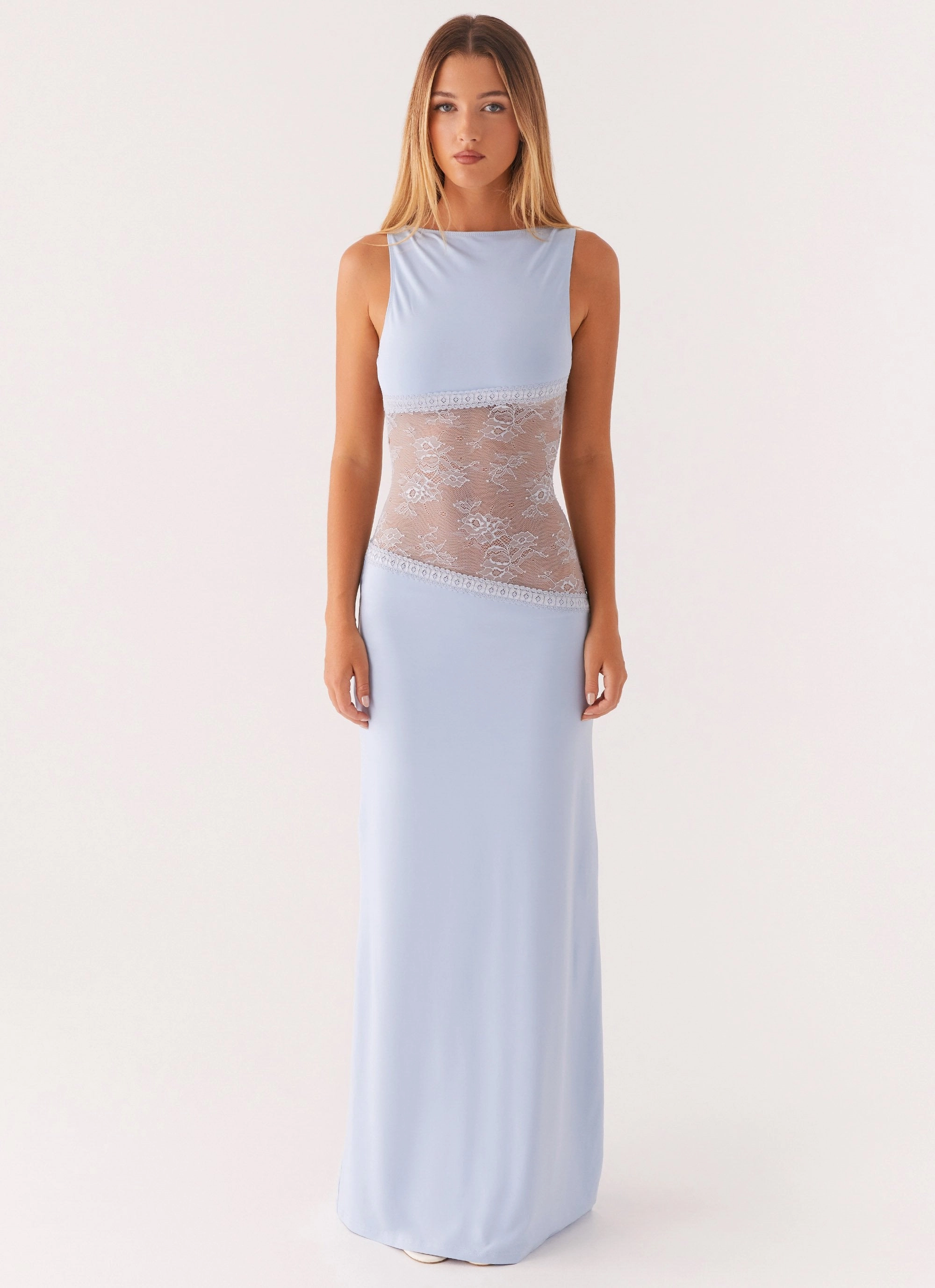 Lucinda Maxi Dress - Blue Fitted Mood Sheer Element