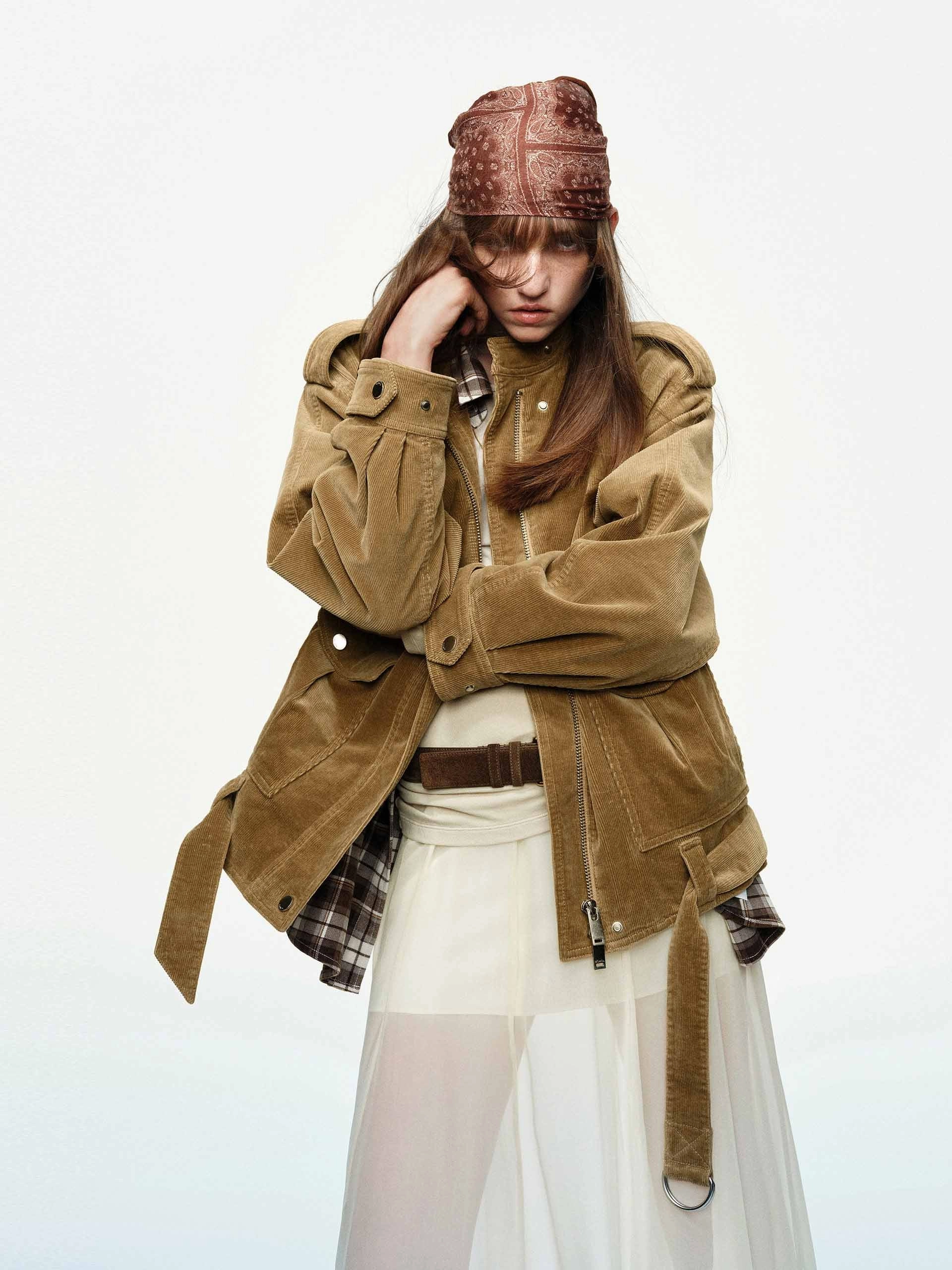 Corduroy Bomber Jacket Eco Friendly Production Flexible Shoulder Gussets