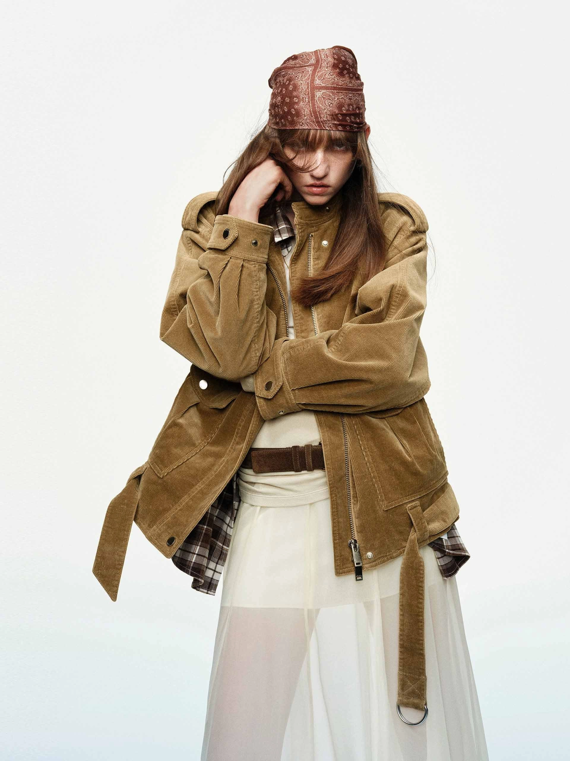 Corduroy Bomber Jacket Cool Tone Flexible Waistband