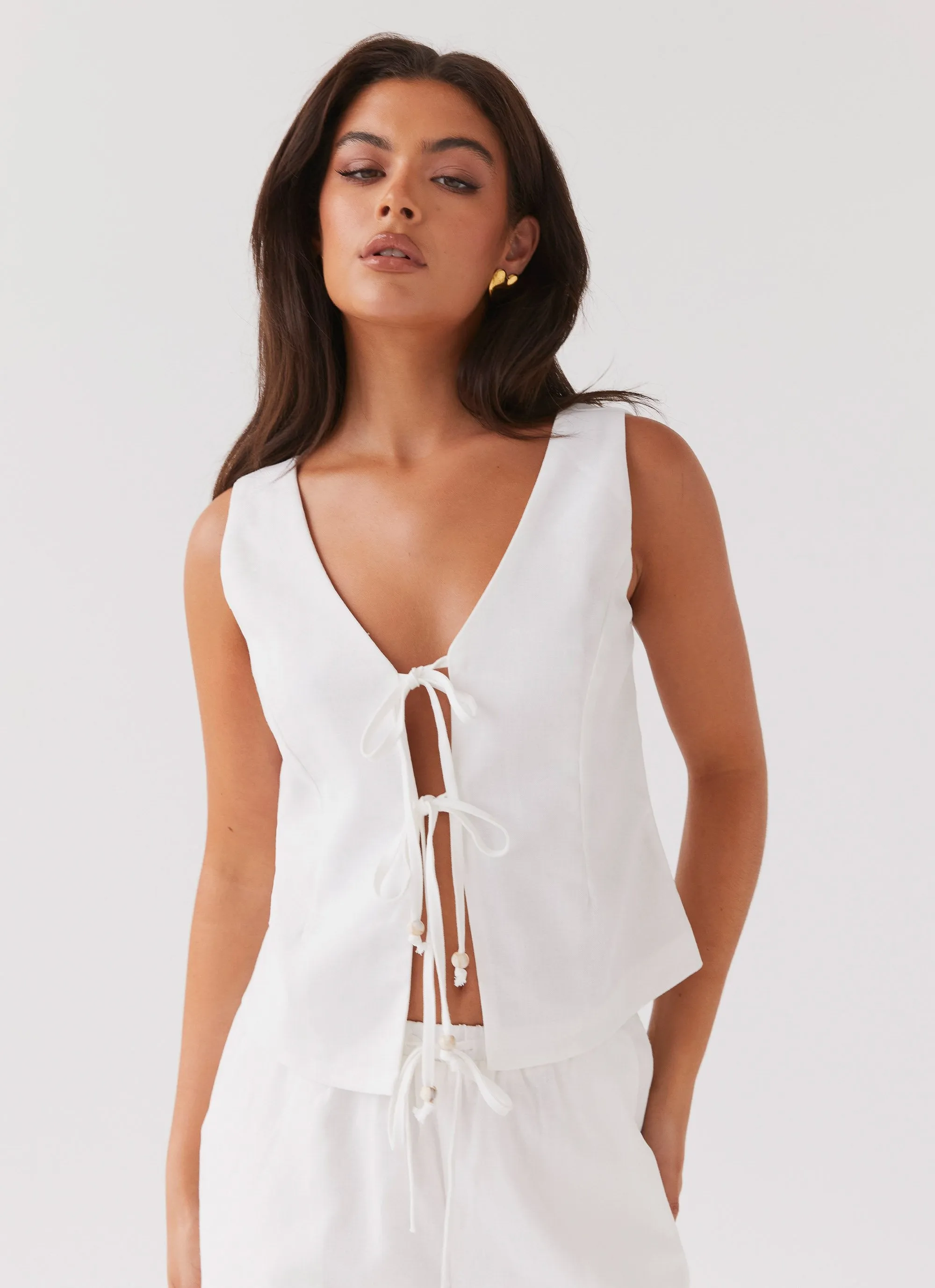 Lightweight Thermal Tina Linen Vest Top - White