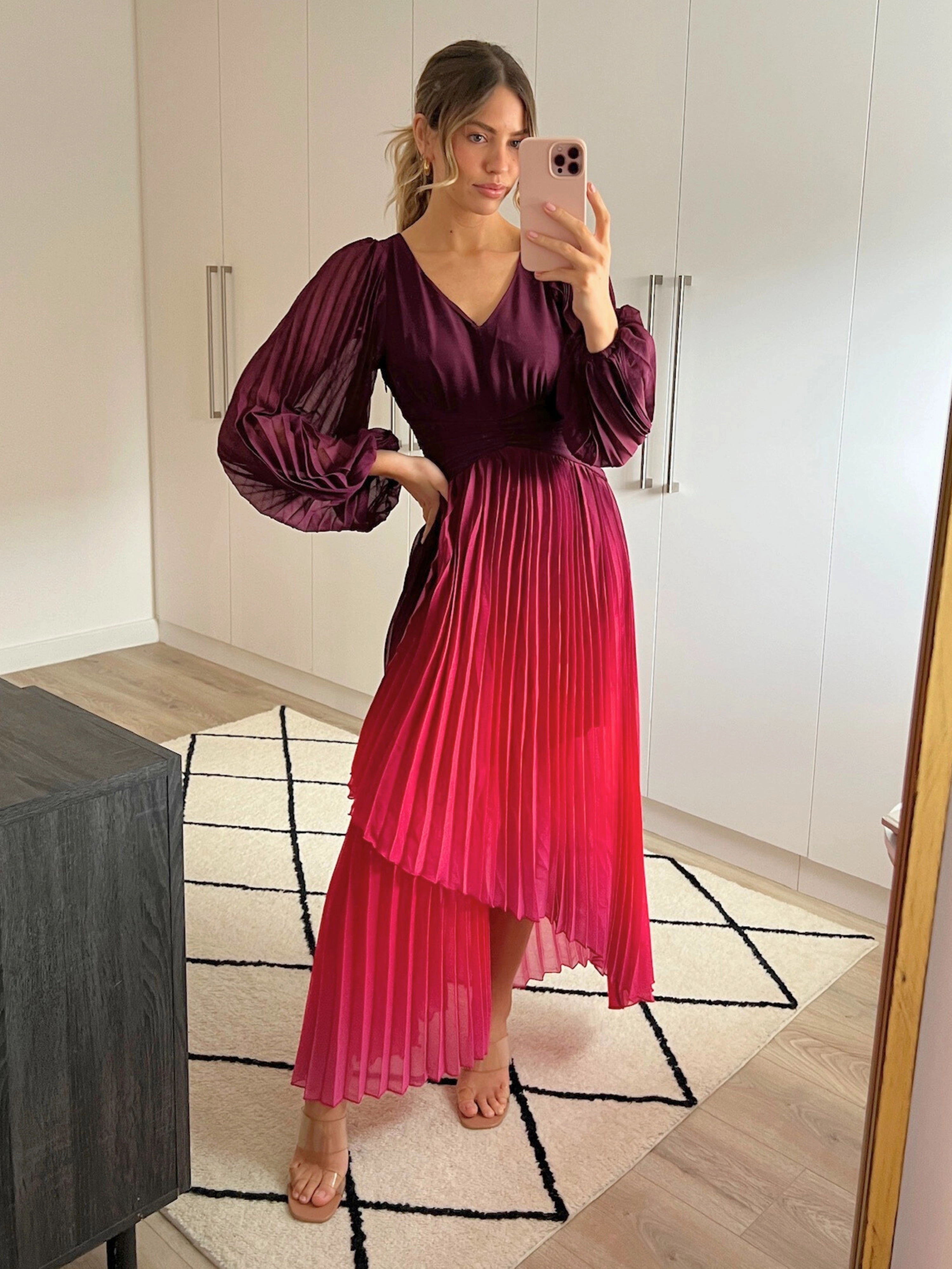 Statement-Piece Toni Long Sleeved Pleated Maxi Dress / Mulberry & Pink Ombre