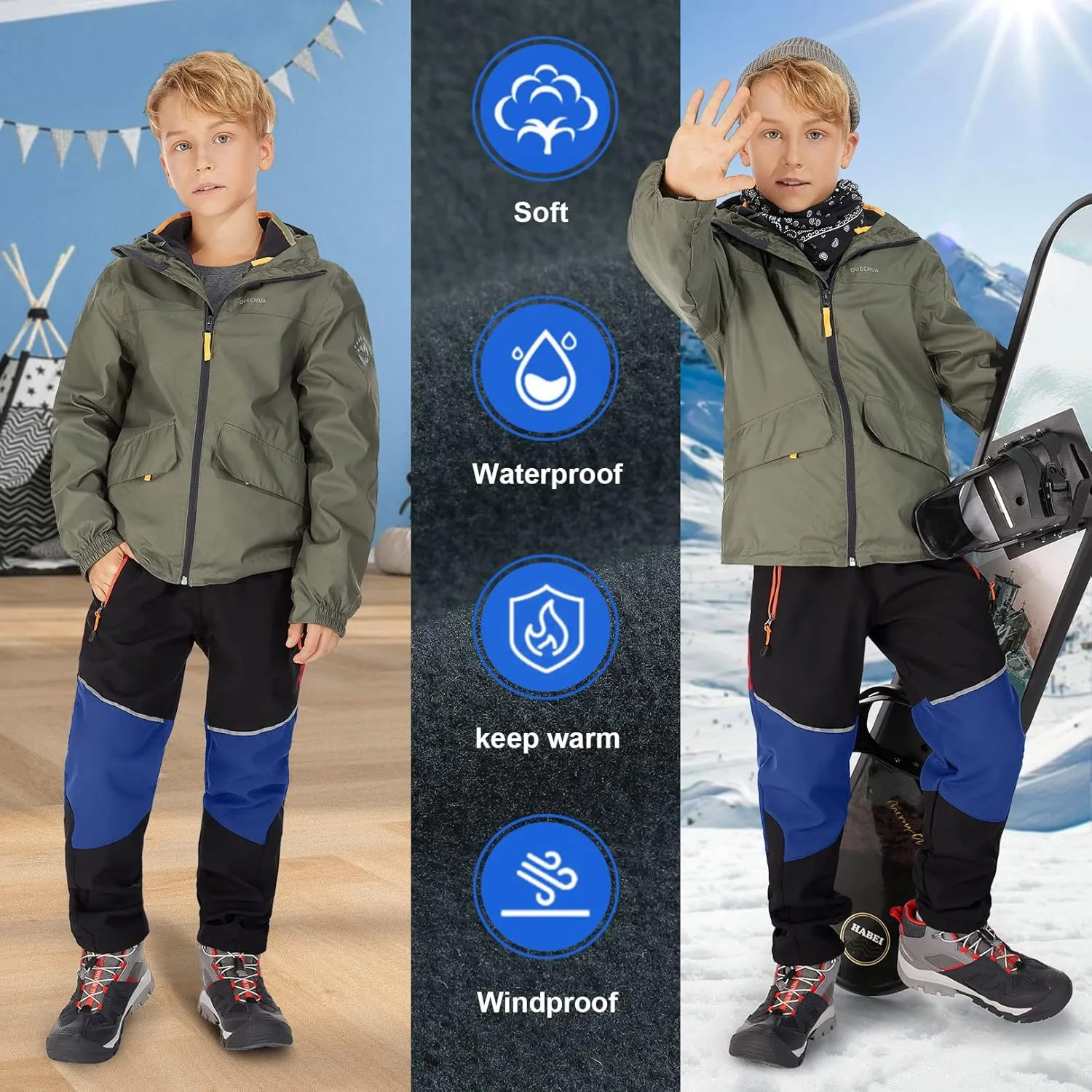 Toomett Boys snow cargo pants, Girls Kids Outdoor Fleece-Lined Soft Shell Hiking Fishing ski Insulated Pants