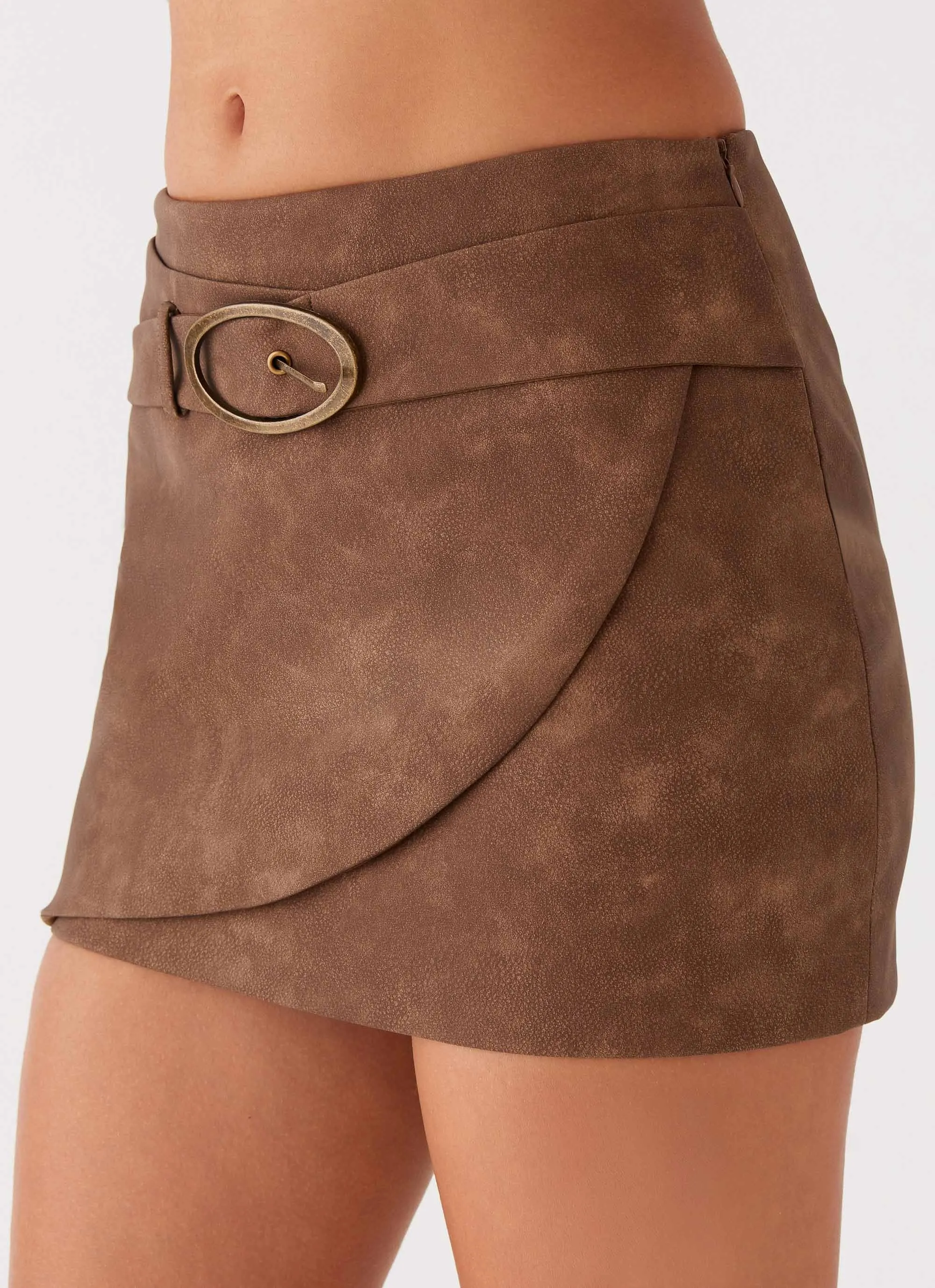 West District PU Mini Skirt - Brown Inverted Pleats City Tones