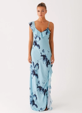 Goldsmith Maxi Dress - Blue Black Floral Stylish Waistband Design Edgy vibes
