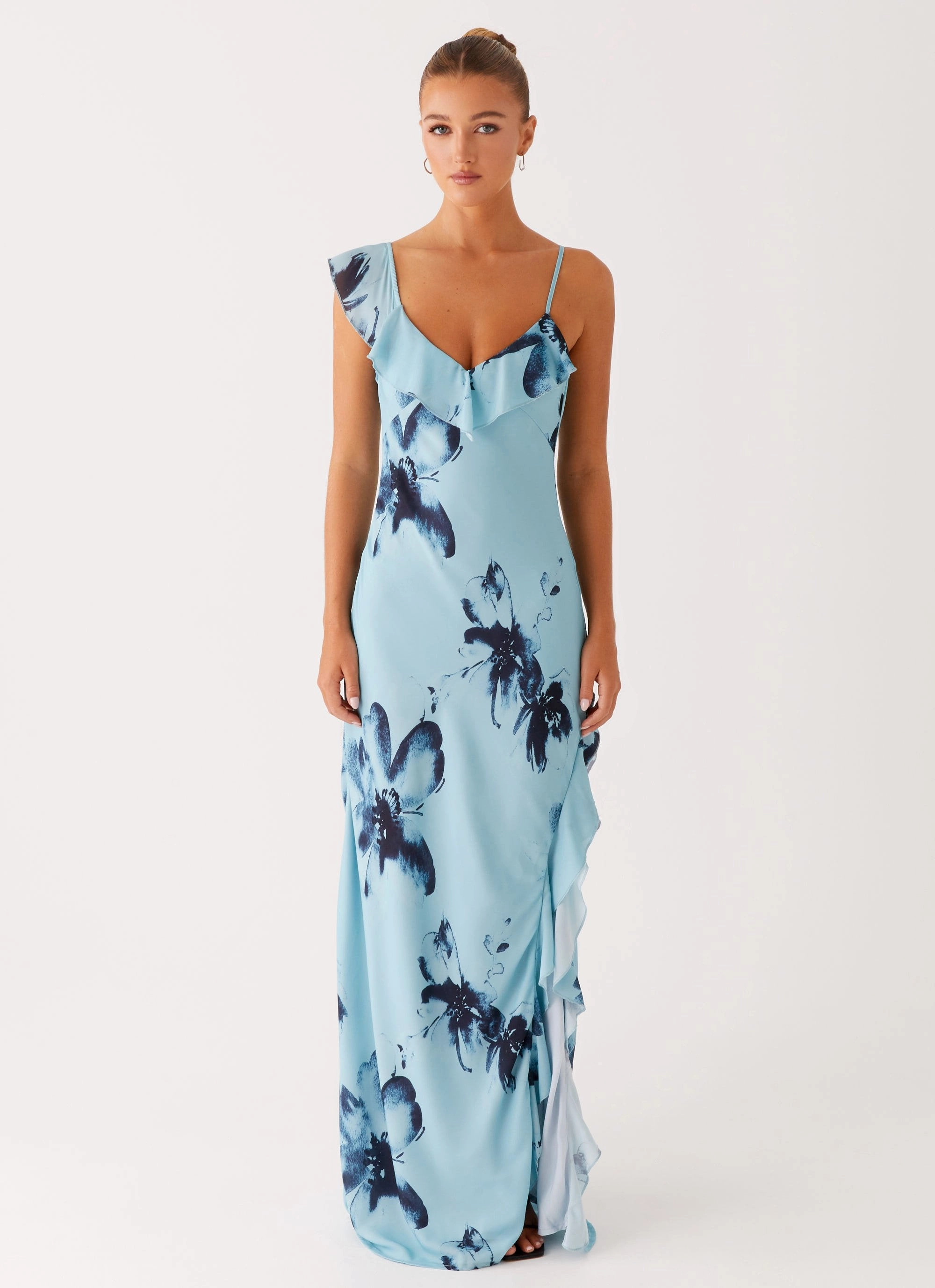 Goldsmith Maxi Dress - Blue Black Floral Stylish Waistband Design Edgy vibes