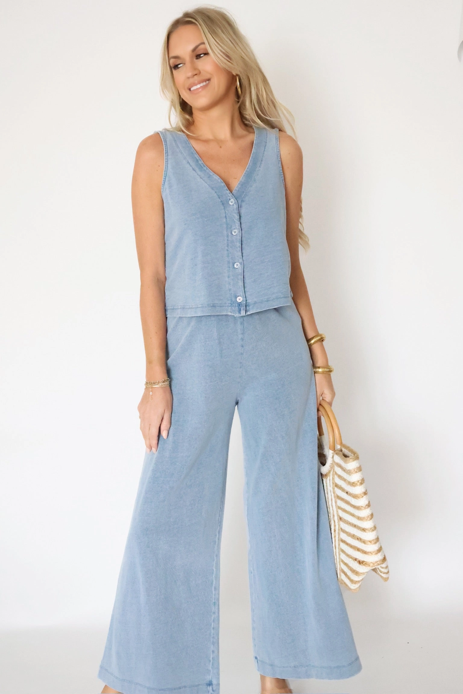 Durable Stitching Non Restrictive Cut Solace Jersey Denim Tank