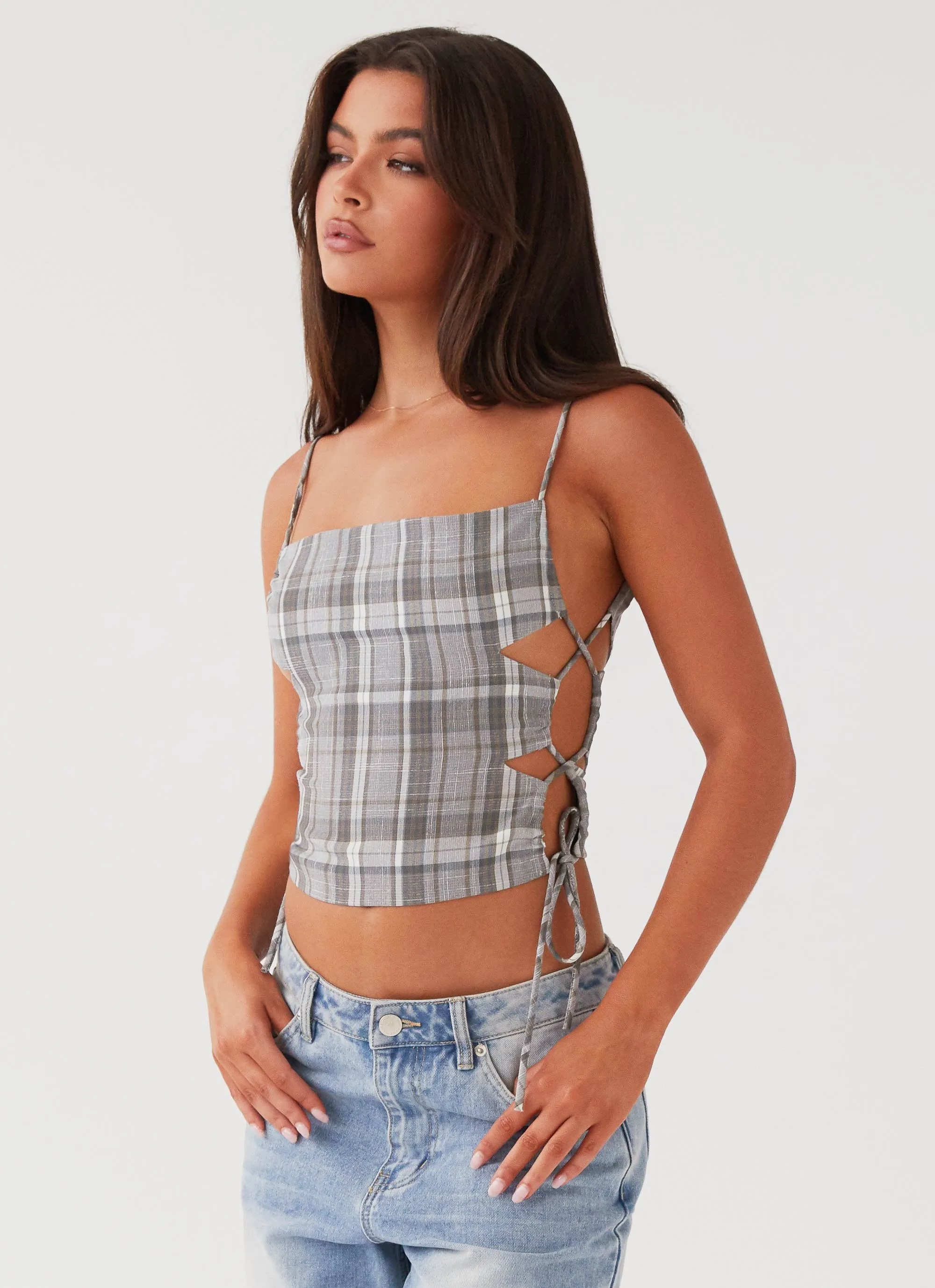 Lightweight Weave Trista Tie Top - Grey Tartan