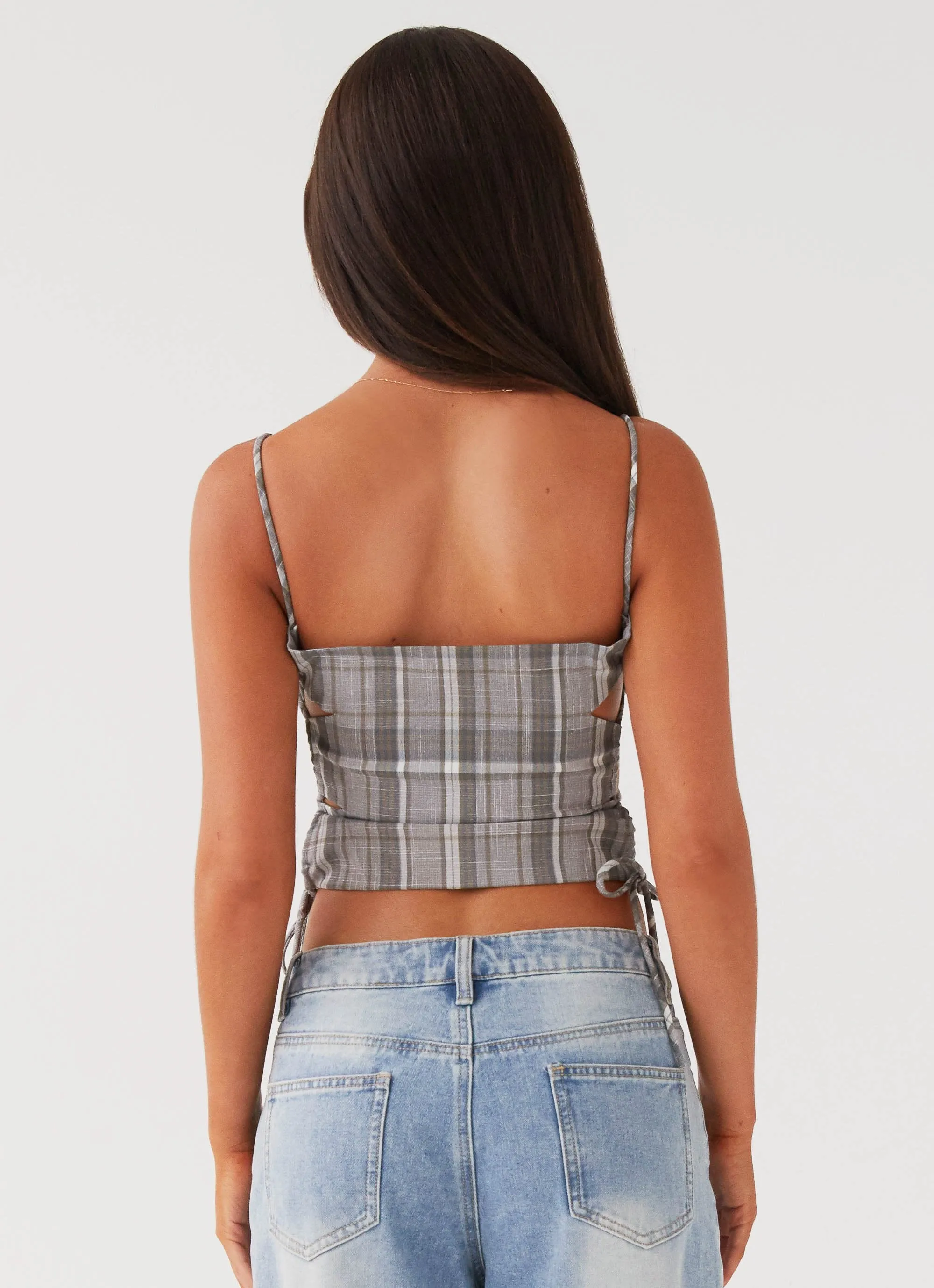 Antimicrobial Finish Trista Tie Top - Grey Tartan