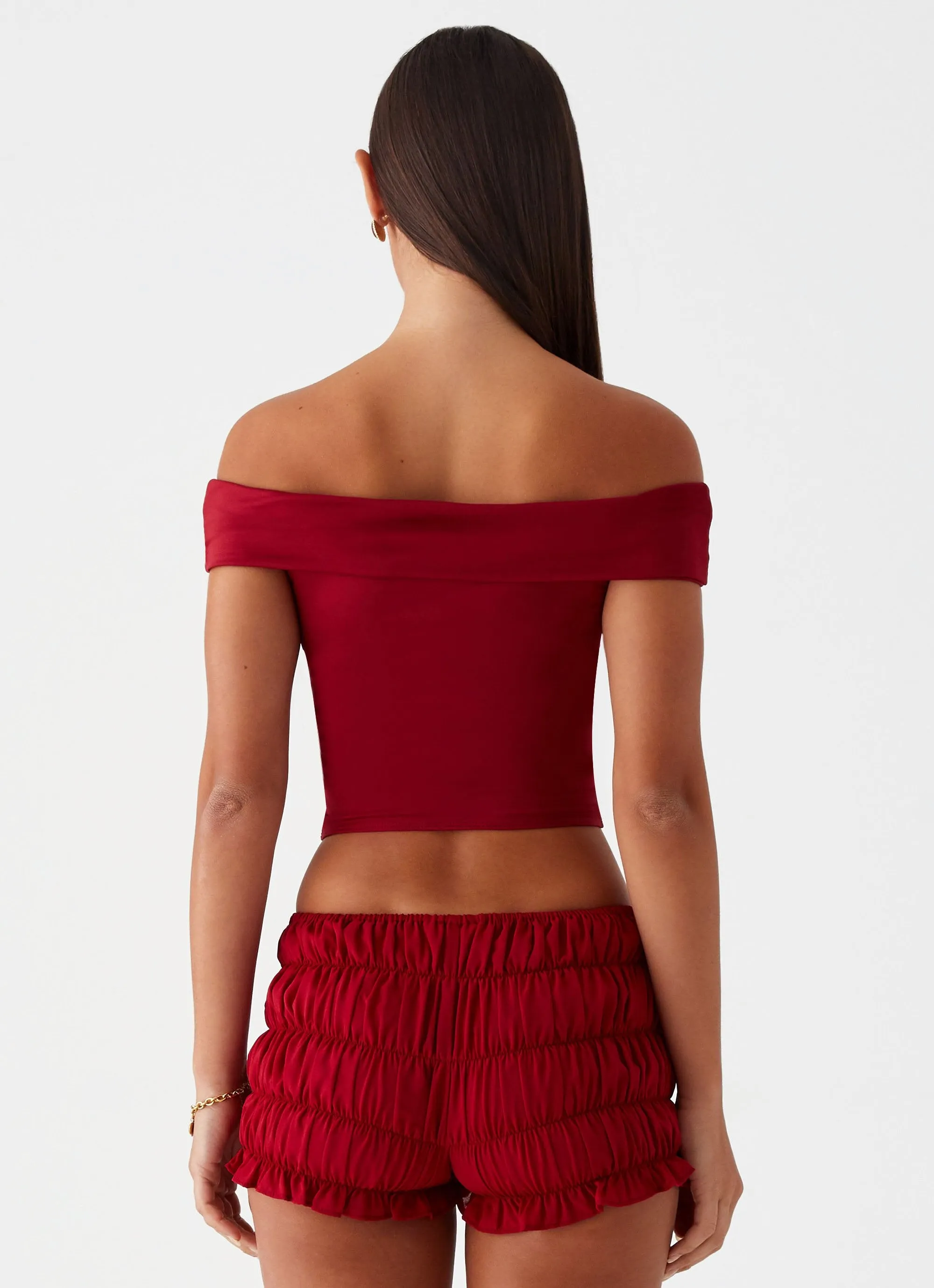 Trixie Twist Off Shoulder Top - Maroon Professional Look NonPill Surface Treatment
