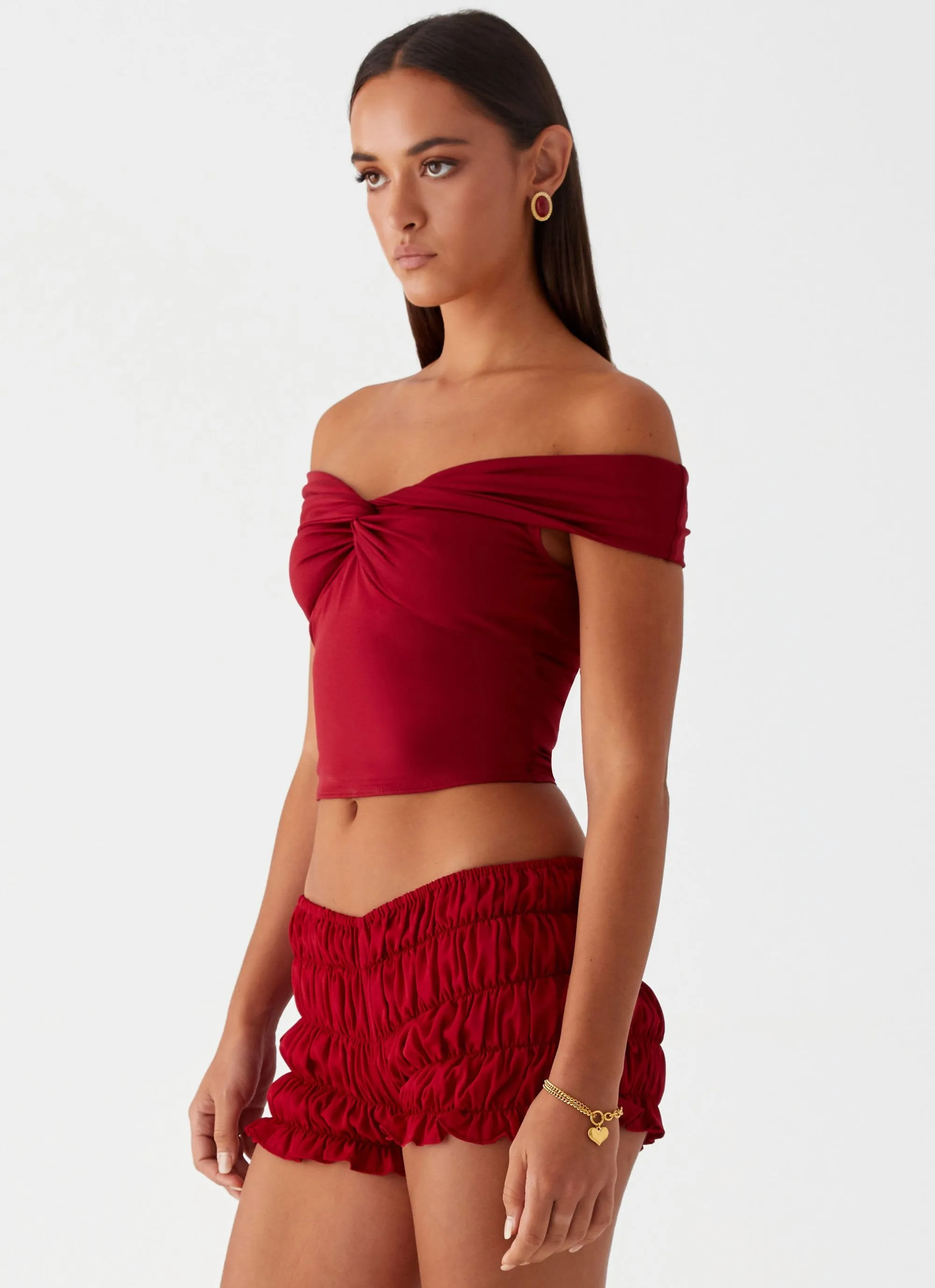 Layered Neckline Details Stain Repellent Coating Trixie Twist Off Shoulder Top - Maroon
